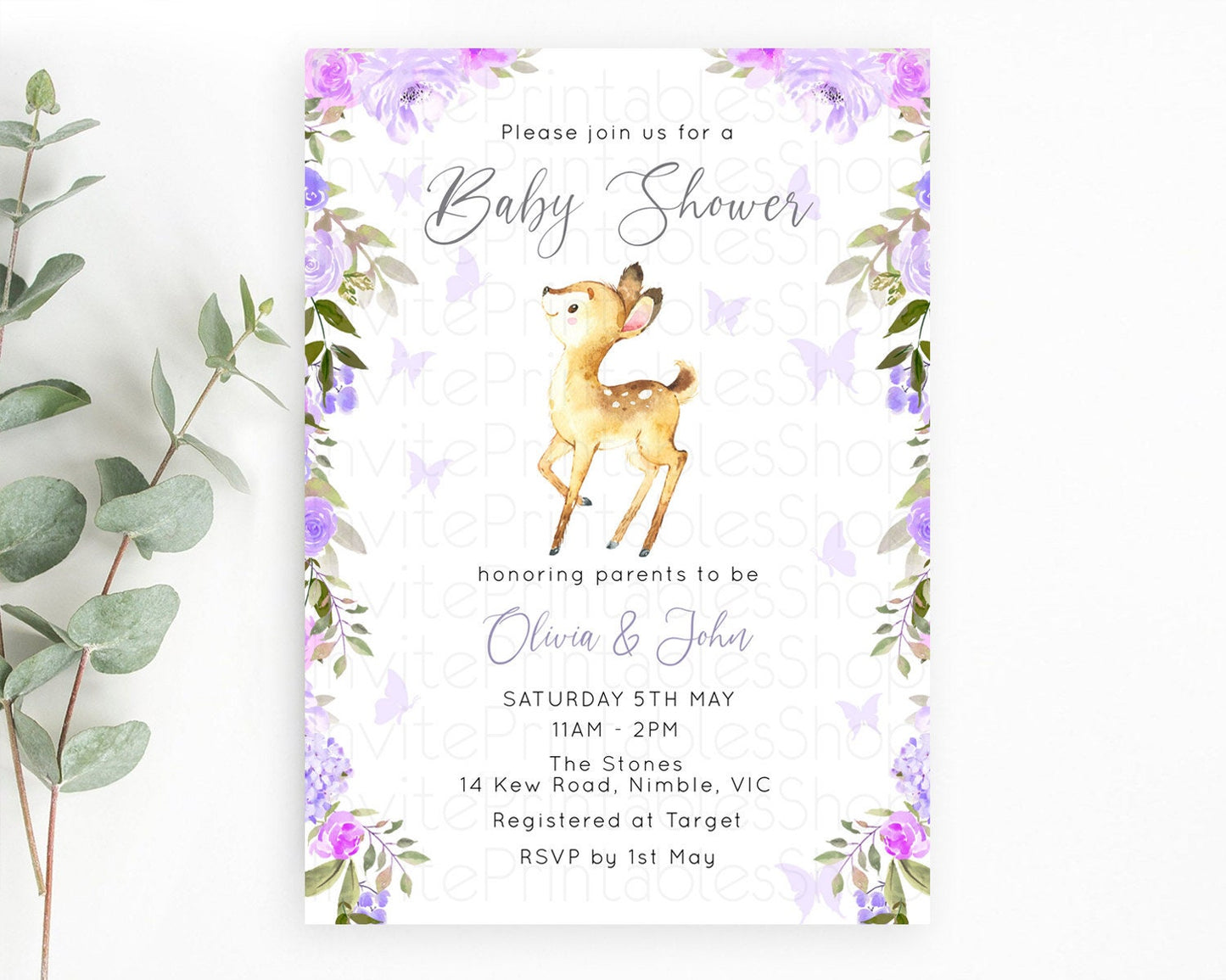 Enchanted Forest Baby Shower Invitation: Secret Garden, Fawn, Deer, Butterfly, Soft Purple Pastel Flowers - Whimsical Woodland Theme D10916