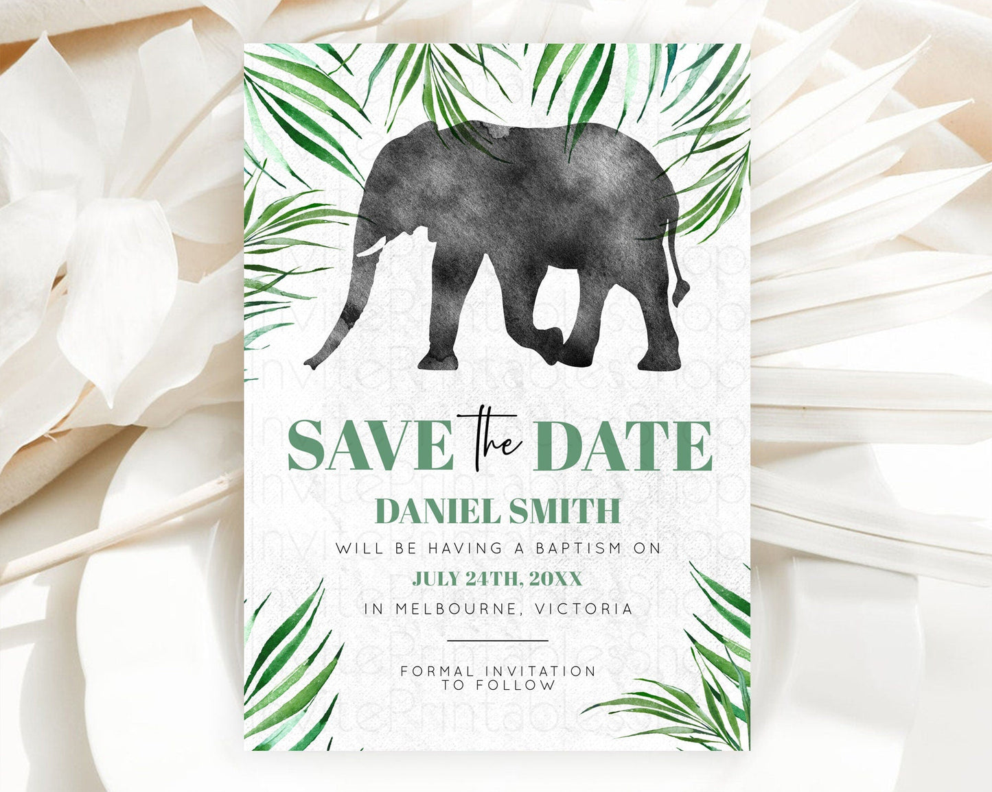 Elephant Save The Date Template Elephant Safari Adventure Party Dried Palm Fern Zoo 1st Birthday Baptism Baby Shower Bridal Shower D10842