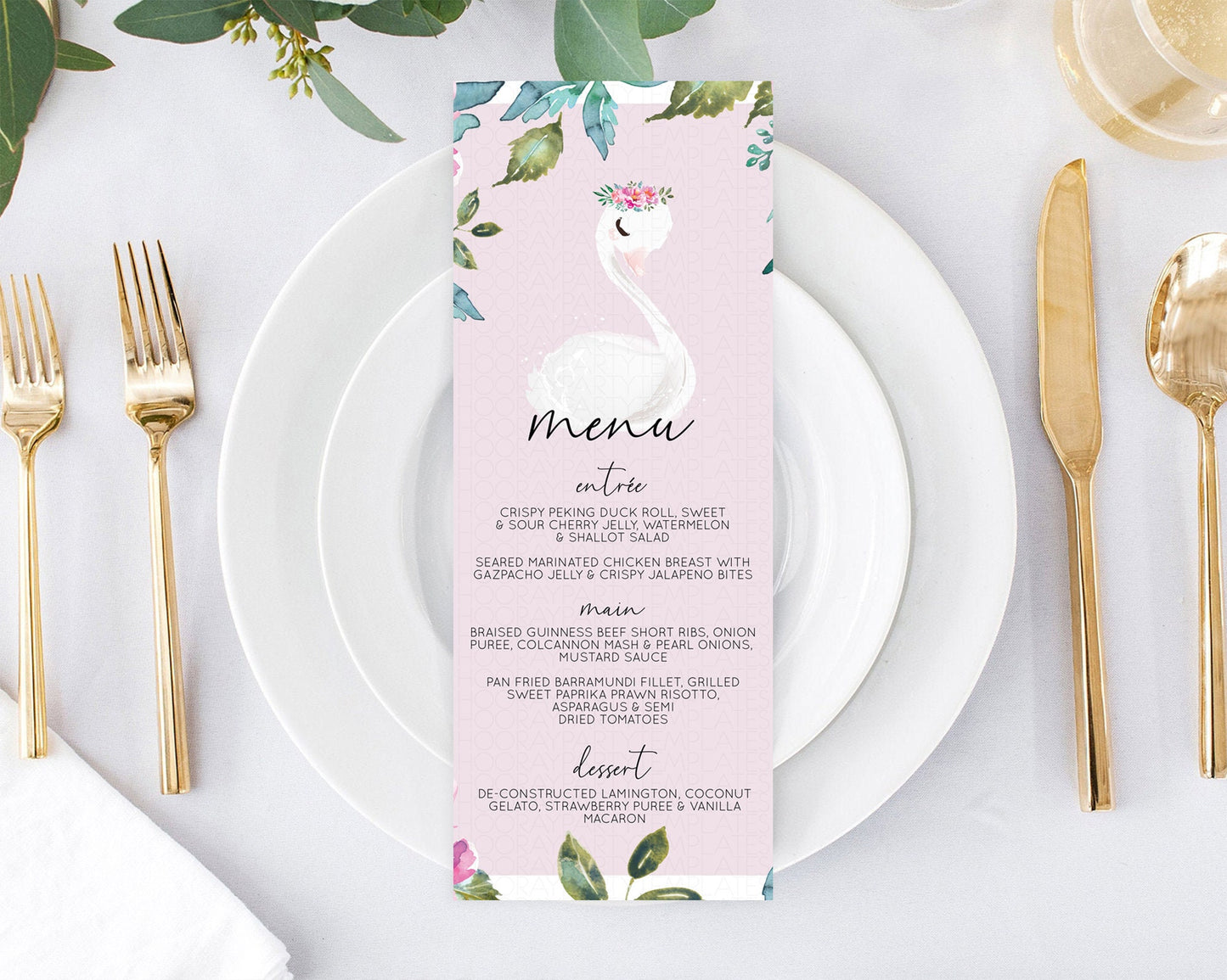 Swan Menu Swan Princess Ballet Menu Template Enchanted Swan Lake Table Decor Secret Garden Pastel Floral Dinner Dessert Food Menu  D10757