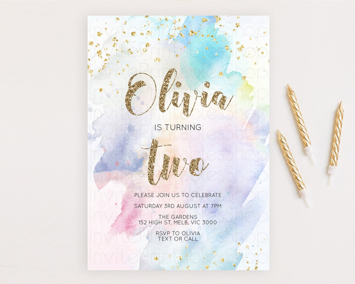 Rainbow Birthday Invitation Colorful Pastel Watercolor Invitation Gold Glitter Sprinkles Ombre Pastel 1st 2nd 3rd Birthday D10421