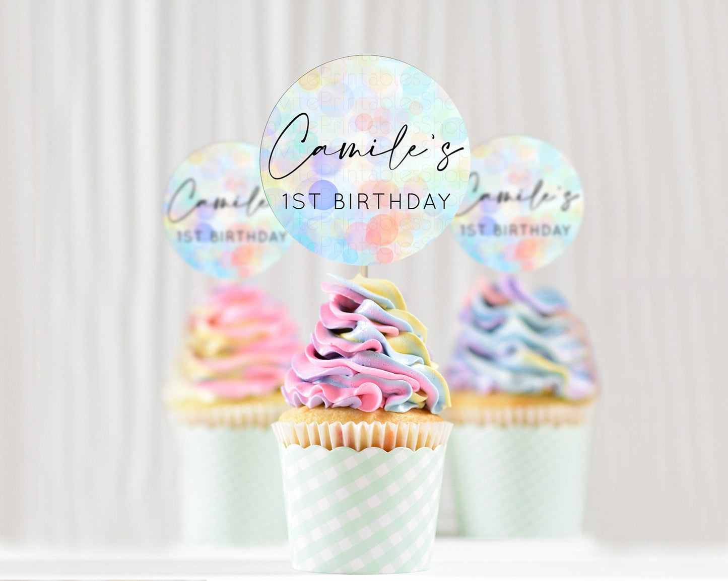 Pastel Cupcake Toppers Pastel Confetti Cupcake Topper Bubbles Sprinkles Colorful Rainbow Confetti Cupcake First Birthday Party Decor D10446