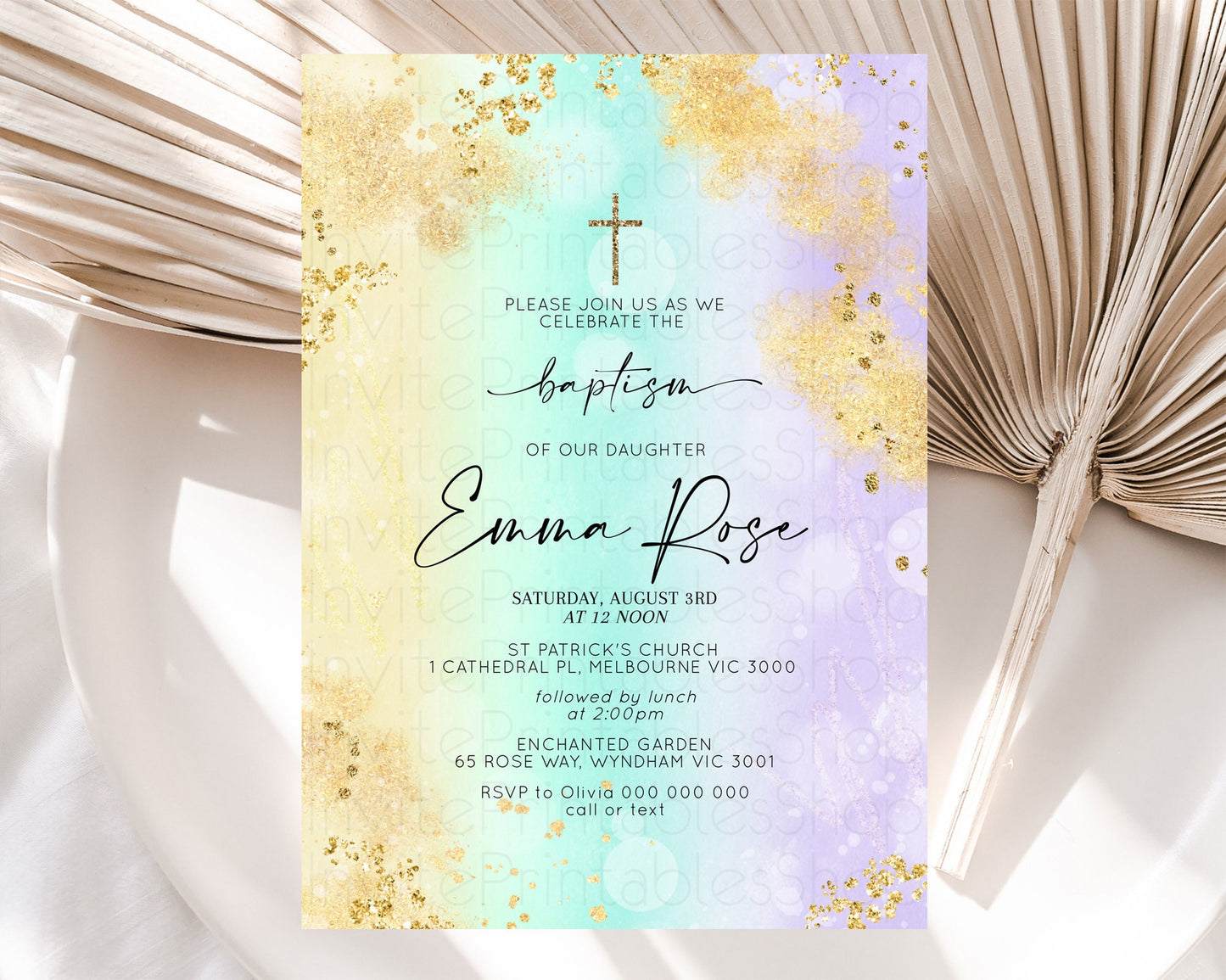 Pastel Baptism Invitation Pastel Colors Watercolor Baptism 1st Birthday Party Gold Ombre Pastel Rainbow Christening Holy Communion D10672