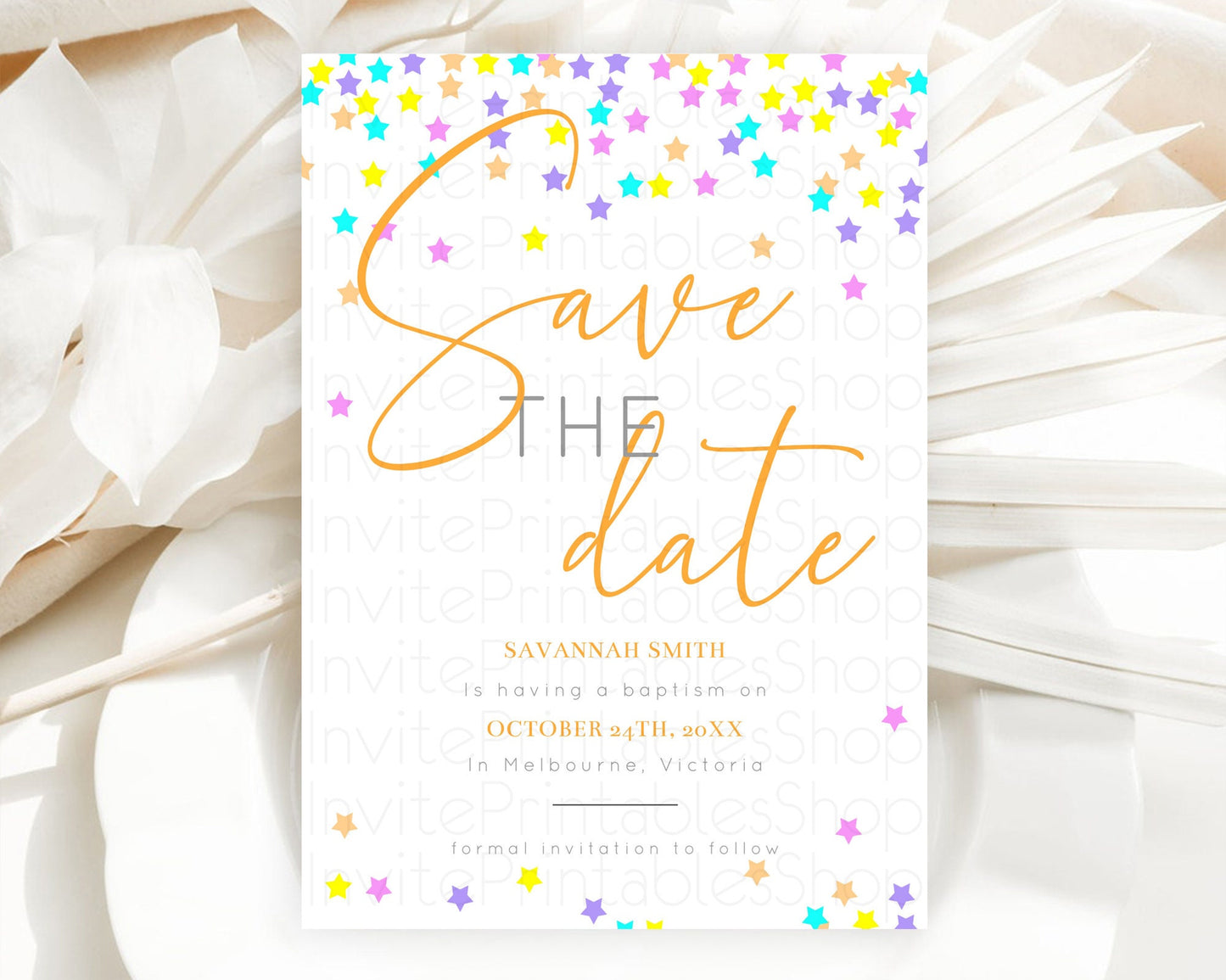 Twinkle Stars Save The Date Template Pastel Twinkle Little Star Party Shooting Star Confetti Sprinkles Birthday Baptism Baby Shower D10397