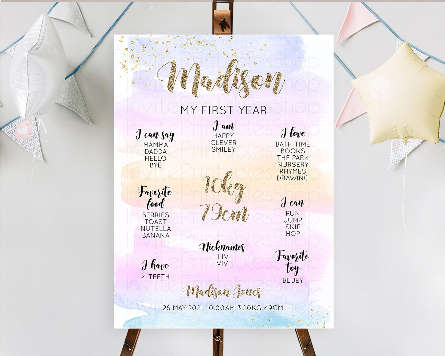 Pastel First Birthday Milestone Board Pastel Rainbow Milestone Poster Colorful Confetti Watercolor Glitter 1st Birthday Welcome Sign D10595