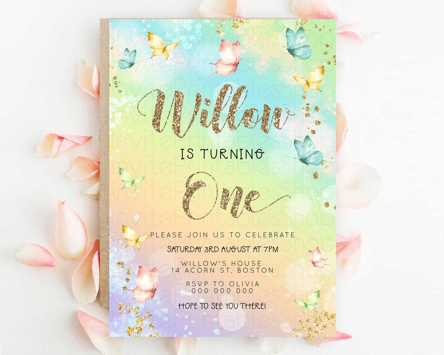 Pastel Butterfly Birthday Invitation Butterfly Birthday Invitation Colorful Splash Glitter Butterfly Garden 1st 2nd Birthday D23083
