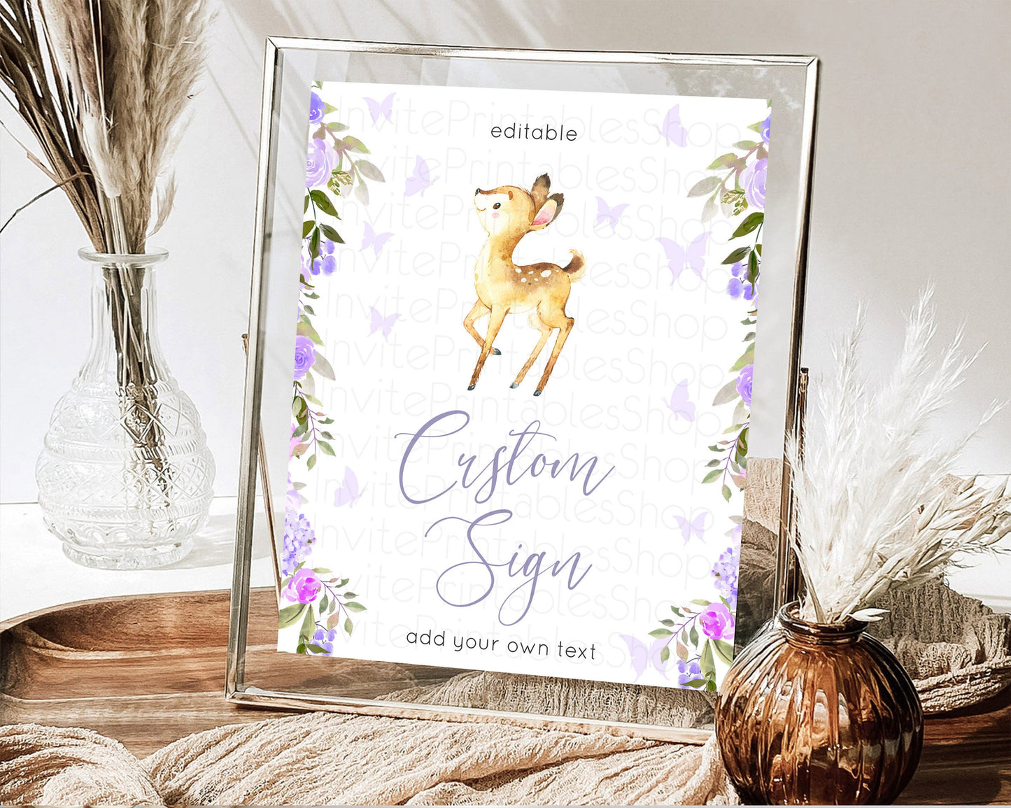 Fawn Deer Sign Pastel Floral Deer Table Sign Decor  Enchanted Forest Butterfly Party 1st Birthday Baptism Baby Shower Bridal Shower D10916