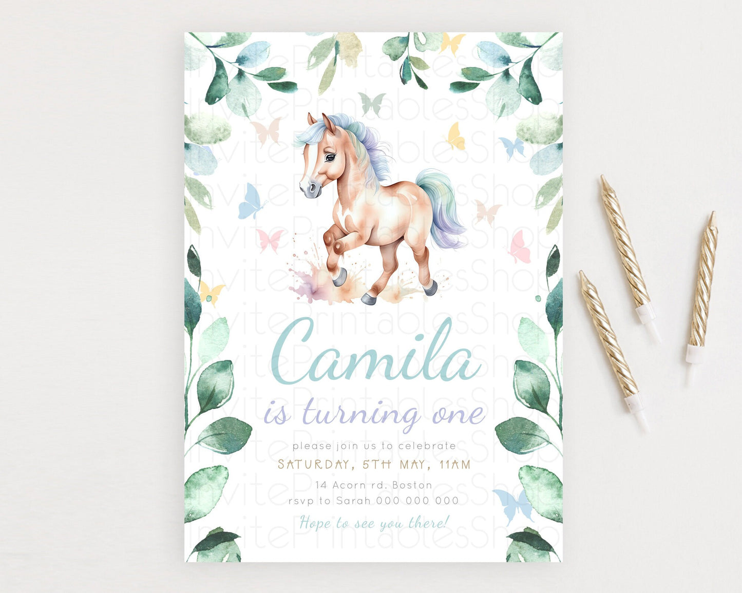 Horse Birthday Invitation, Galloping Wildflower Fields, Pastel Flowers, Butterflies, Flowers Accents for Equestrian & Cowgirls d23388