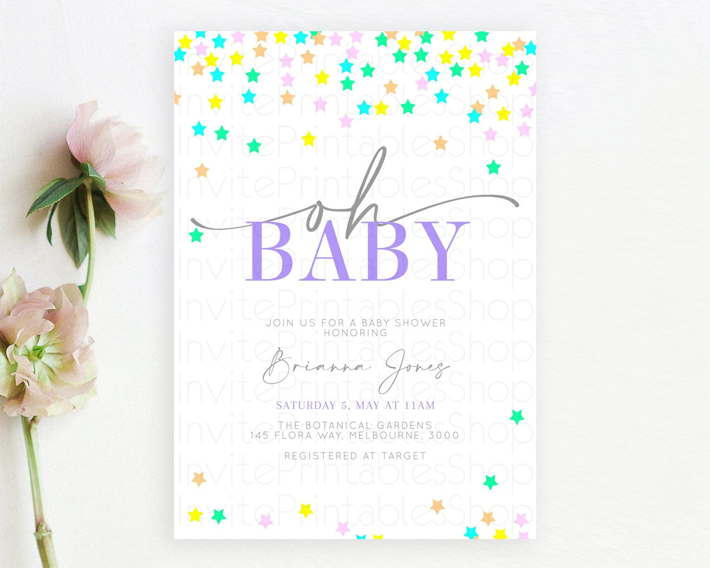 Twinkle Star Baby Shower Invitation Pastel Twinkle Star Invitation Rainbow Pastel Colorful Confetti Twinkle Little Star Baby Shower D10395