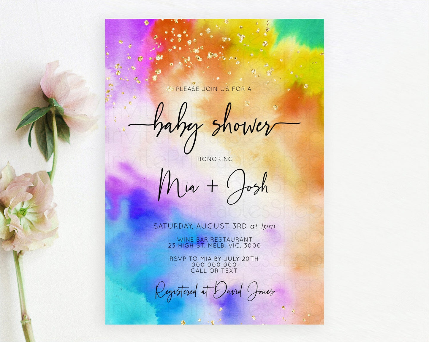 Pastel Baby Shower Invitation Rainbow Baby Shower Invitation Colorful Pastel Watercolor Invitation Gold Glitter Sprinkles Ombre D10530