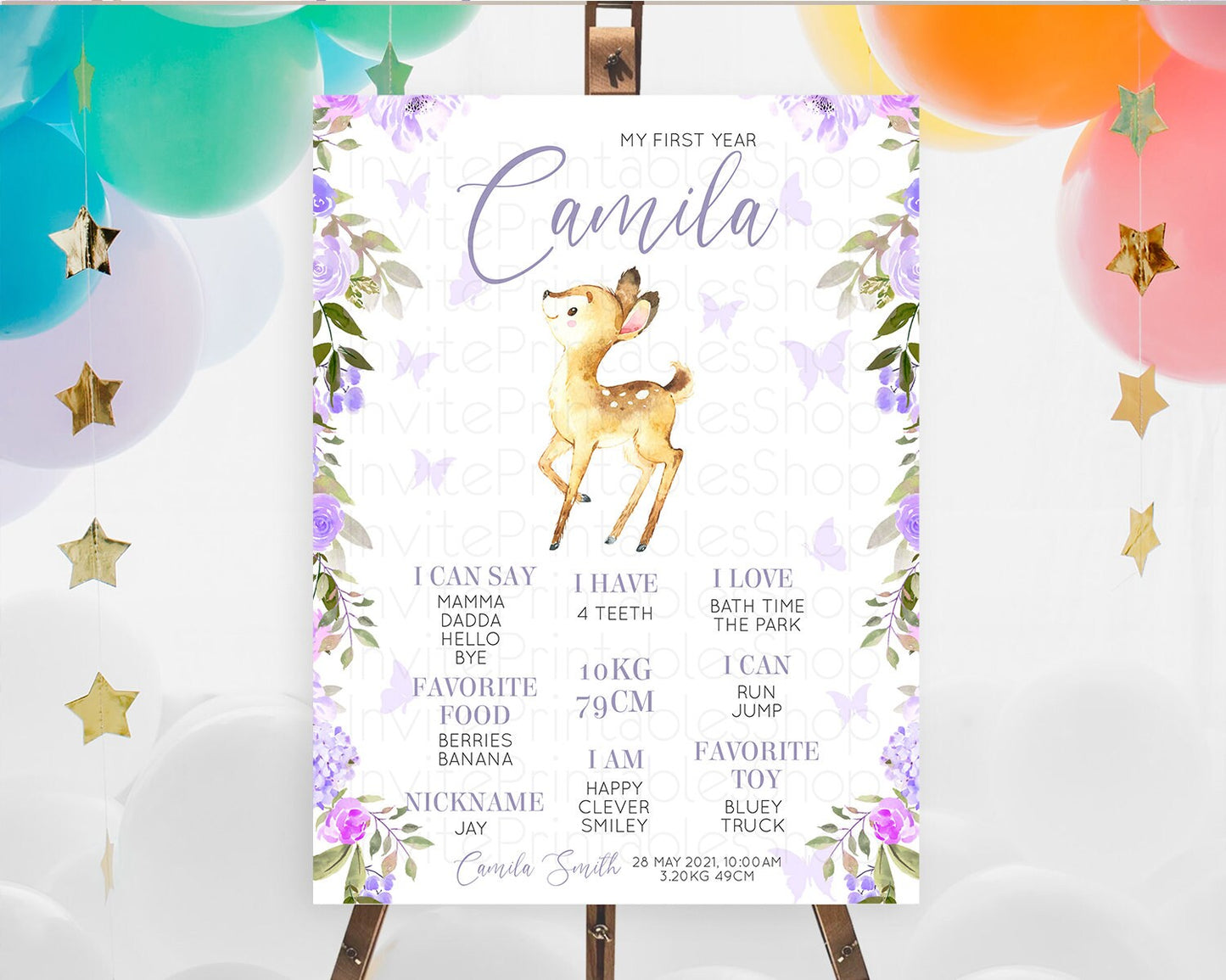 Fawn First Birthday Milestone Board Deer First Birthday Milestone Poster Enchanted Forest Butterfly Pastel Flowers 1st Birthday Sign D10916