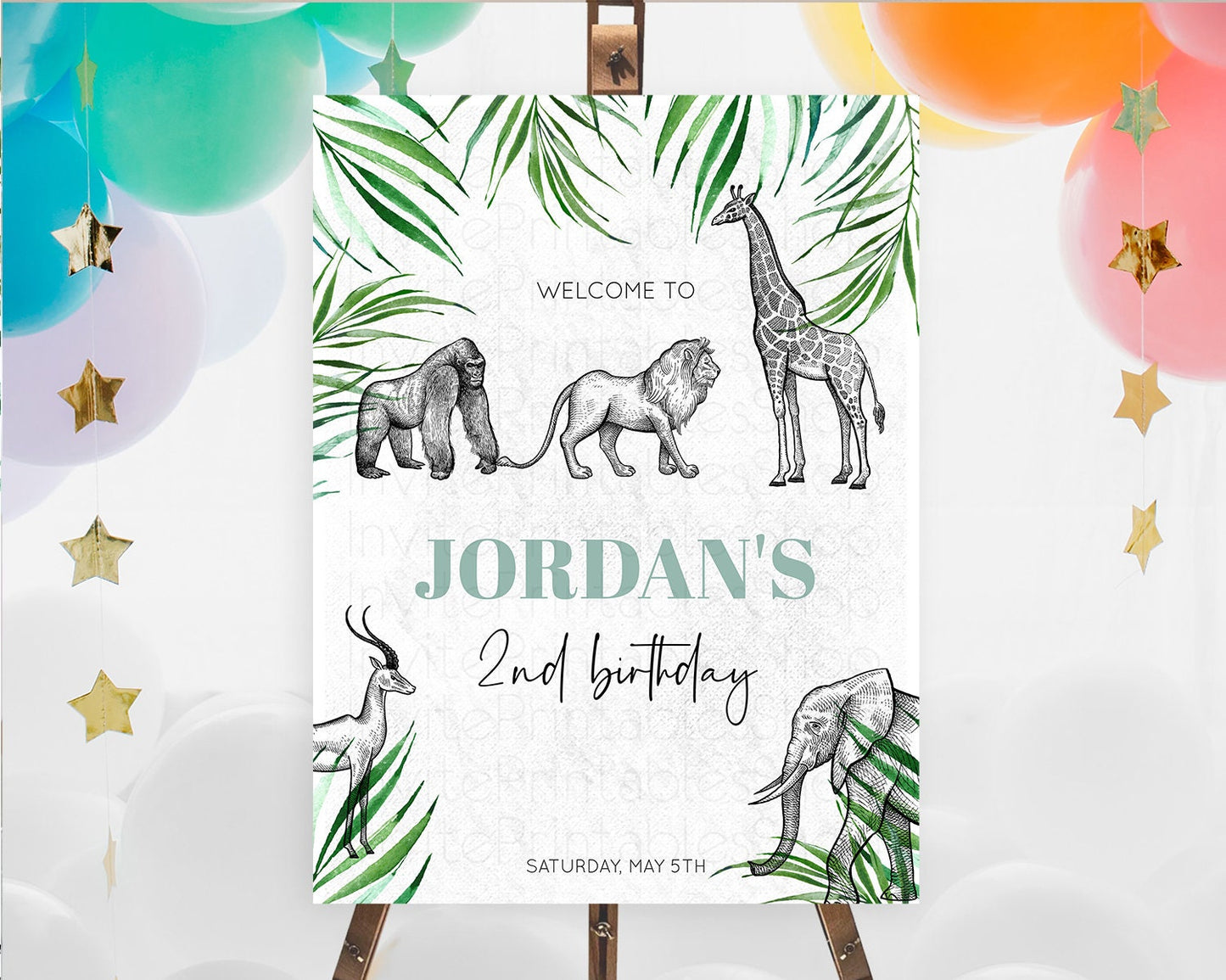 Safari Welcome Sign Safari Welcome Board Lion Gorilla Elephant Rhino Tropical Palm Zoo Party Decor First Birthday Welcome Sign D10853