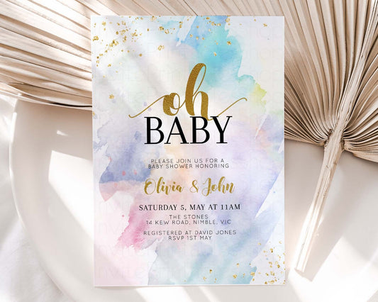 Rainbow Baby Shower Invitation Watercolor Pastel Invitation Colorful Splash Baby Invite Gold Glitter Sprinkles Ombre Gender Reveal G487