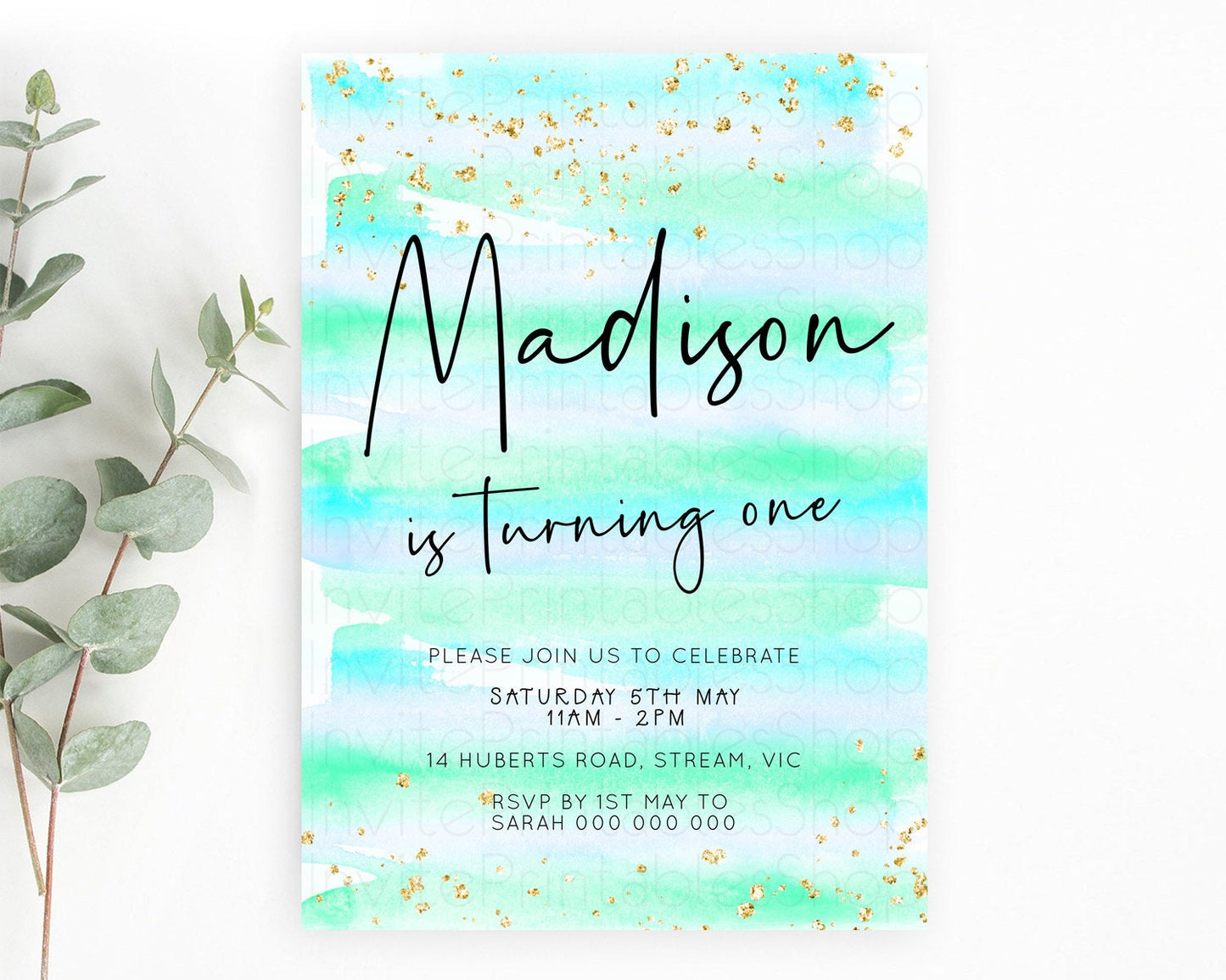 Blue Birthday Invitation Blue Watercolor Invitation Pastel Blue Watercolor Invitation Blue Splash Gold Invitation 1st First Birthday D23036