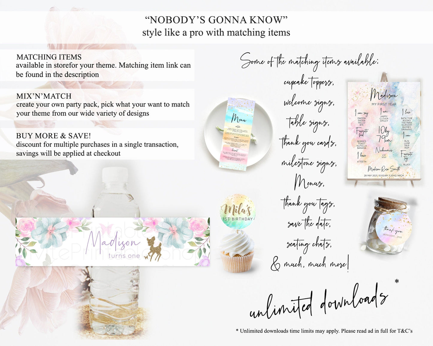 Fawn Deer Water Label Template Pastel Floral Deer Enchanted Forest Butterfly Party Decor Birthday Baptism Baby Shower Bridal Shower D10476