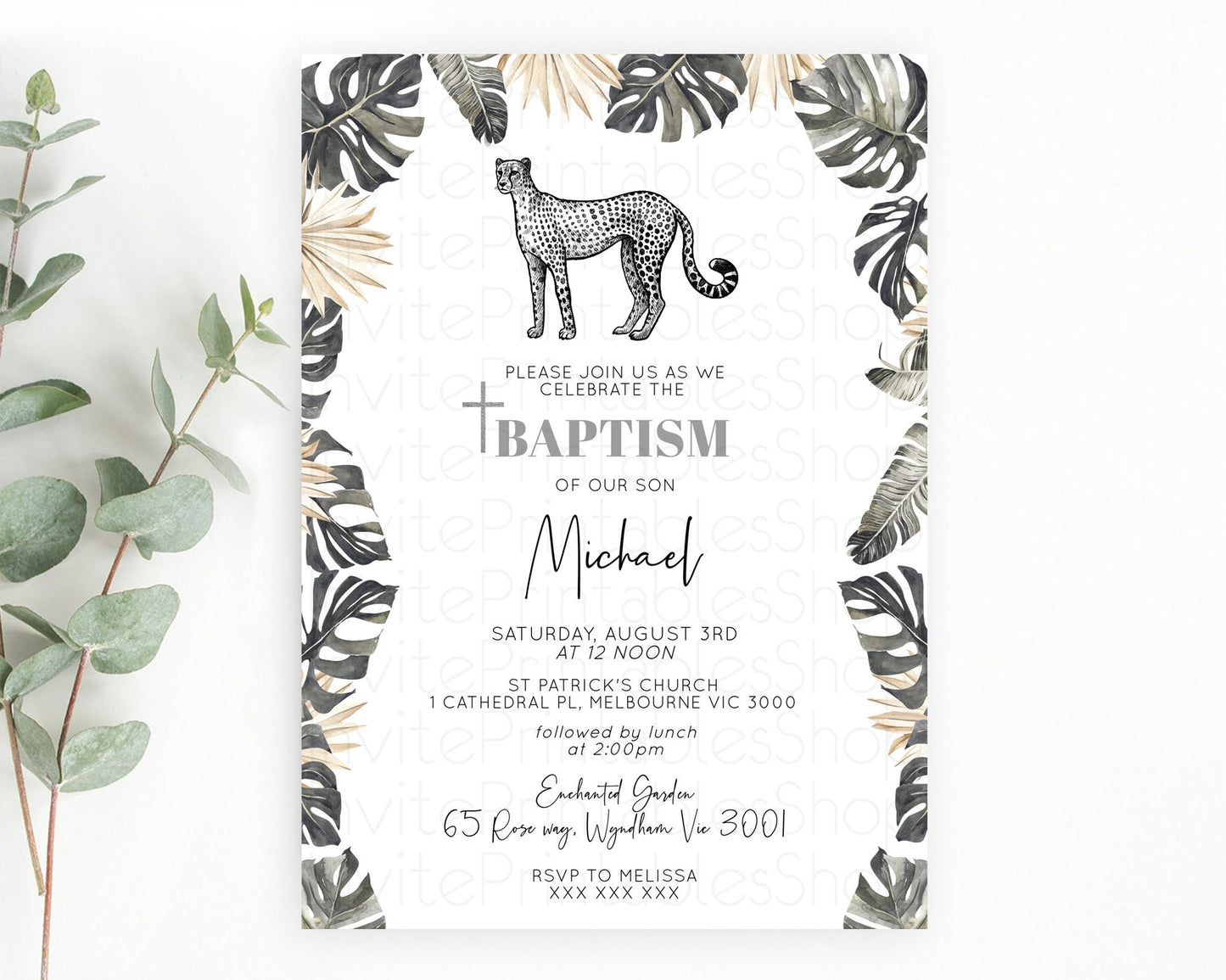 Cheetah Baptism Invitation Cheetah Baptism 1st Birthday Invitation Cheetah Safari Adventure Christening Party Palm Leaf Zoo Cheetah D10823