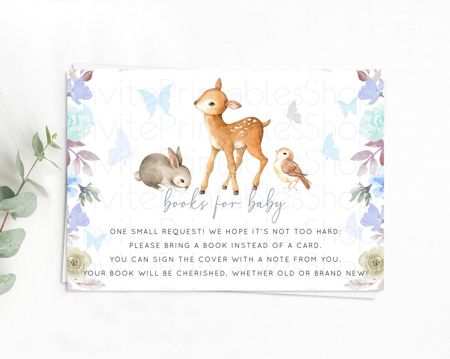 Fawn Books For Baby Card Deer Book Insert Floral Deer Book Card Enchanted Forest Butterfly Pastel Baby Shower Book Poem Request D10929