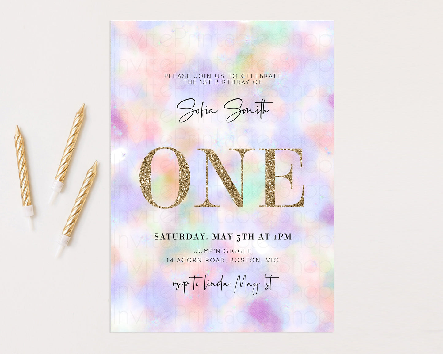 Rainbow Birthday Invitation Pastel Birthday Invite Ombre Watercolor Invite Enchanted Theme Colorful Splash Glitter Sprinkles 1st 2nd 3rd