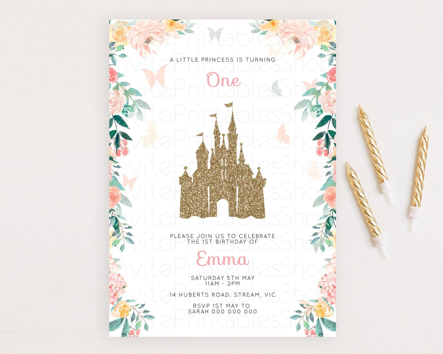 Princess Birthday Invitation Castle Invitation Royal Birthday Fairy Tale Enchanted Castle Pastel Floral Garden 1st First Birthday D10429