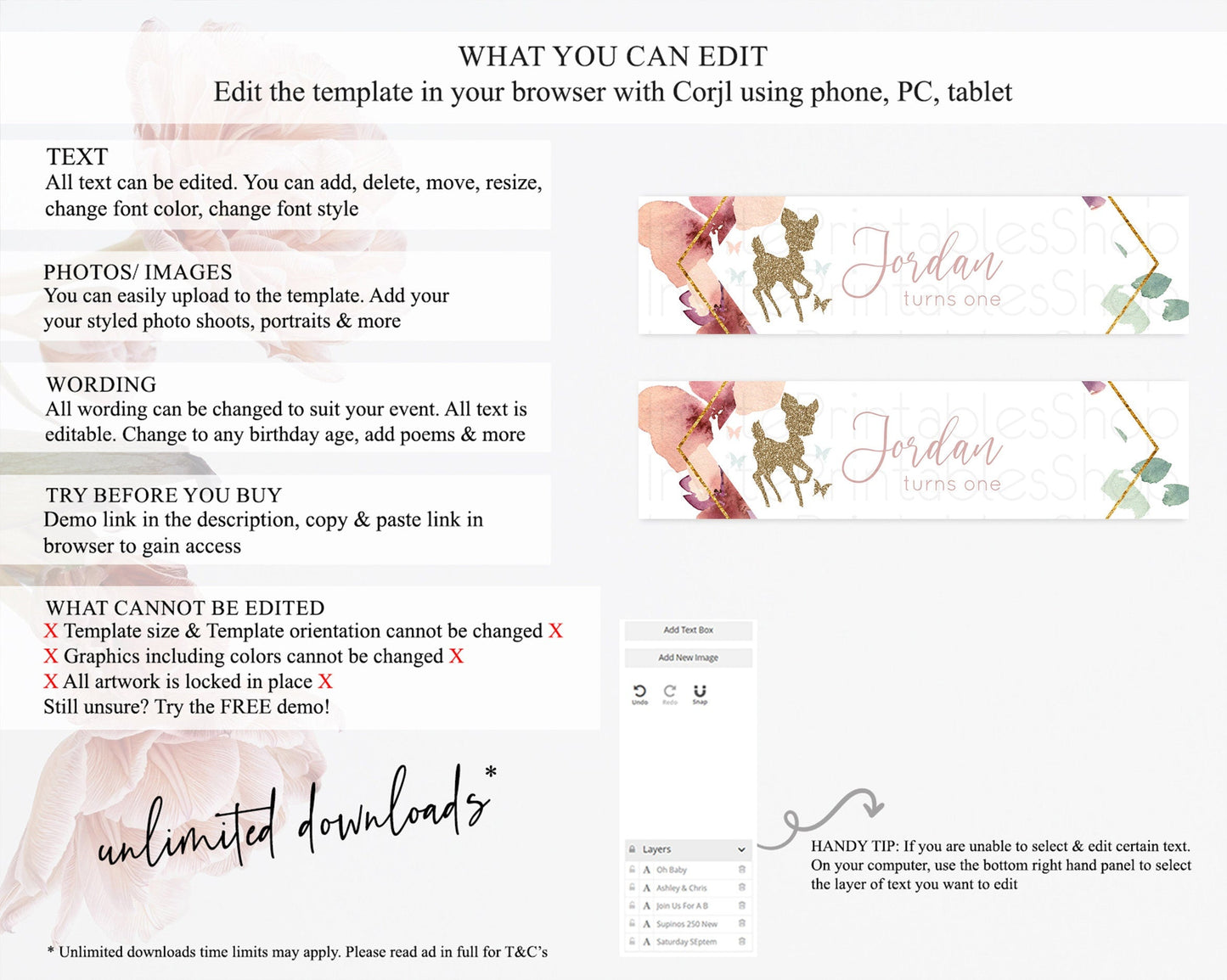 Fawn Deer Water Label Template Pastel Floral Deer Enchanted Forest Butterfly Party Decor Birthday Baptism Baby Shower Bridal Shower D10459