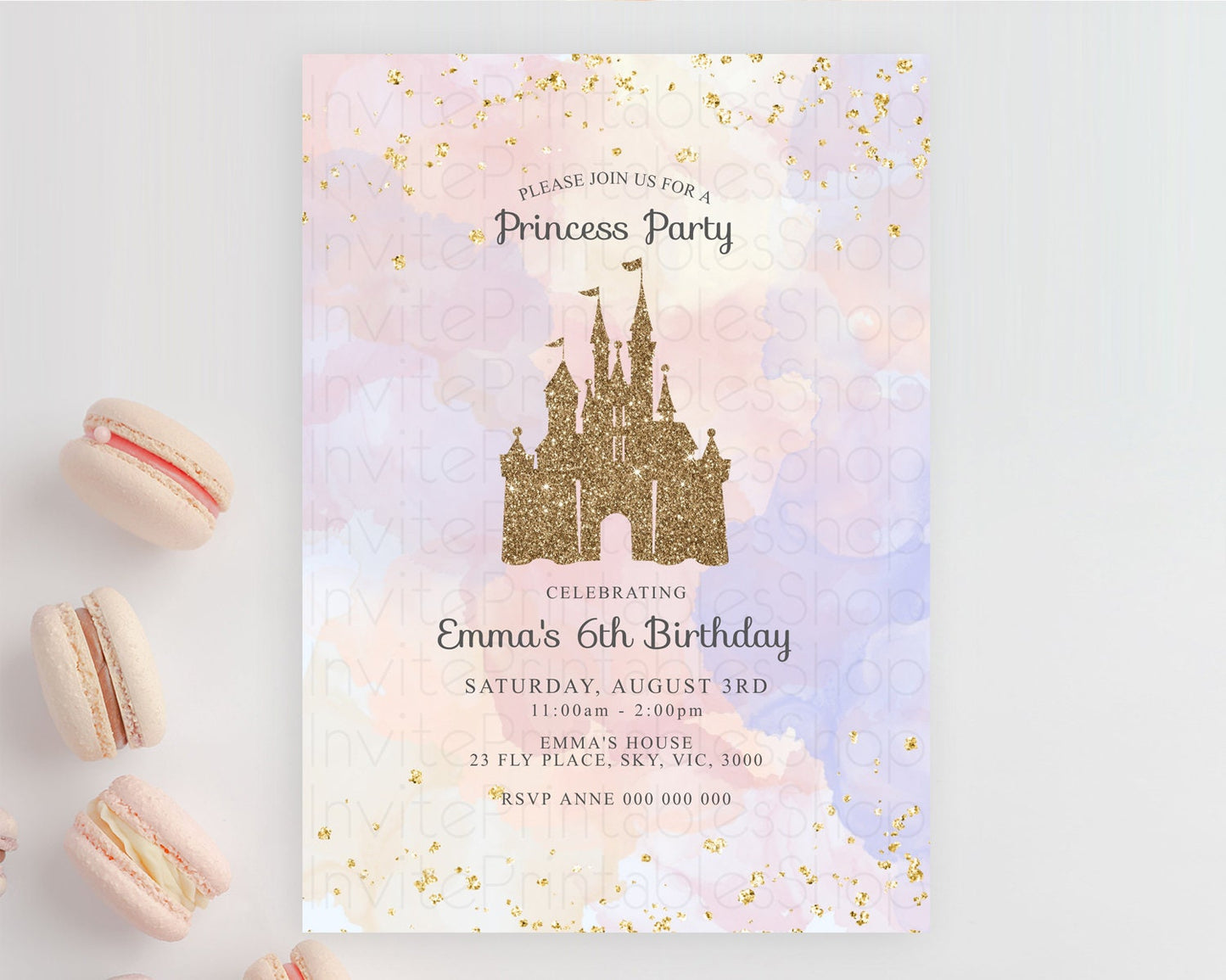 Princess Birthday Invitation Princess Invitation Pastel Invitation Royal Birthday Rainbow Color Enchanted Castle 1st First Birthday D10161