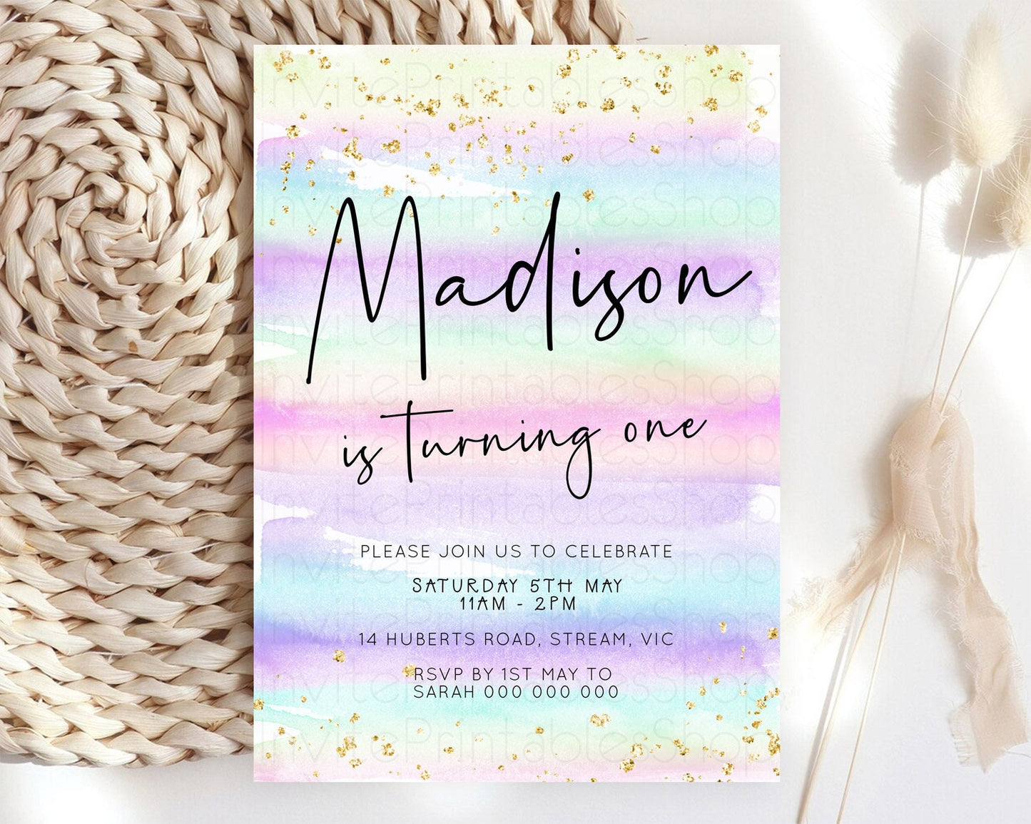 Pastel Birthday Invitation Ombre Watercolor Birthday Invitation Glitter Rainbow Color Splash 1st 2nd 3rd Birthday Invitation D23032