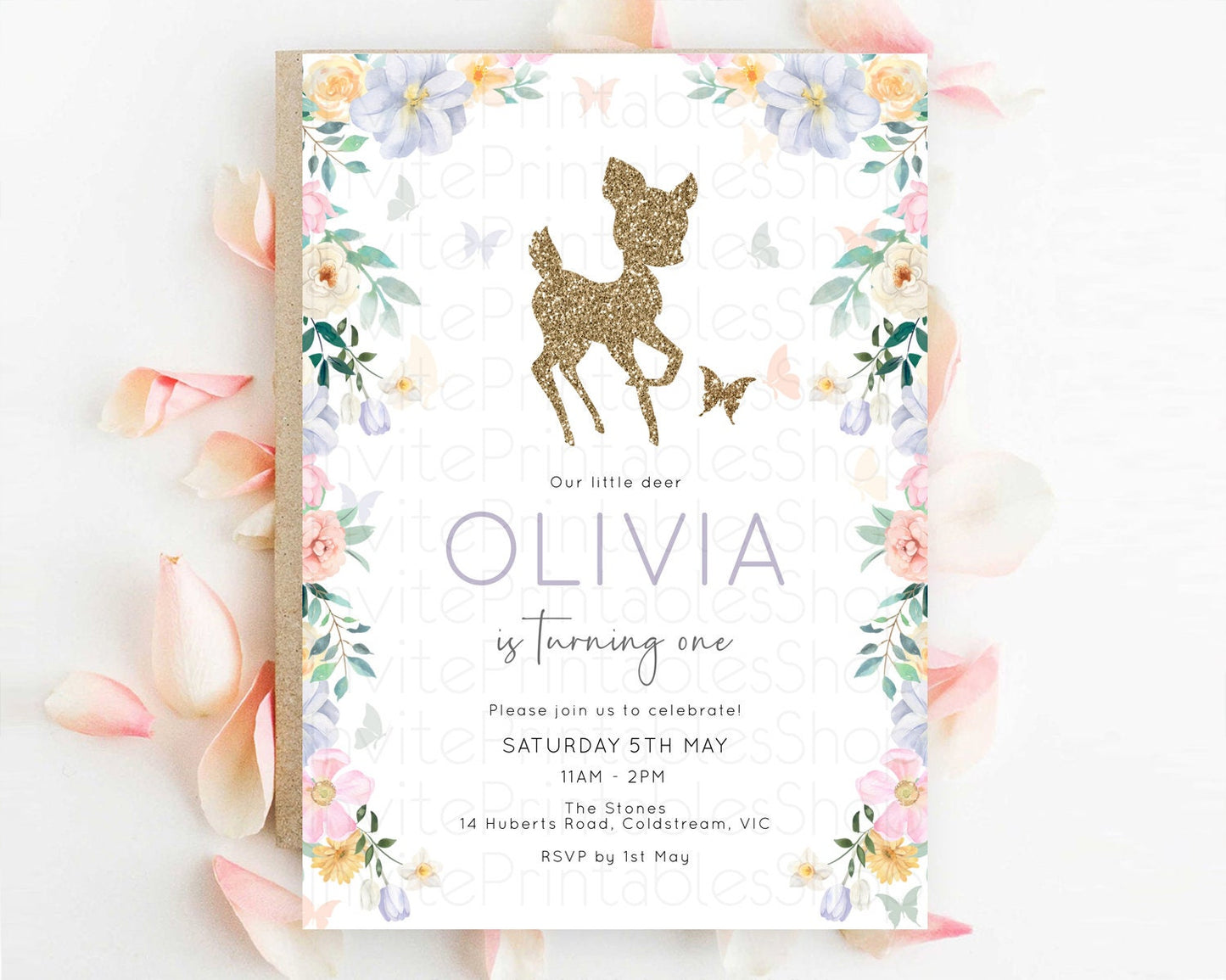 Fawn Birthday Invitation Deer Birthday Invitation Enchanted Forest Party Butterfly Pastel Flowers Whimsical 2nd 1st First Birthday D10477