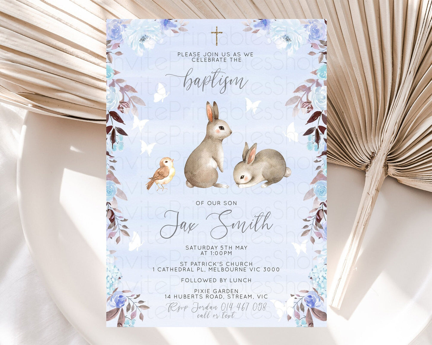 Bunny Baptism Invitation Floral Bunny Baptism 1st Birthday Invitation Pastel Bunny Christening Invite Watercolor Forest Bunny Party D10923