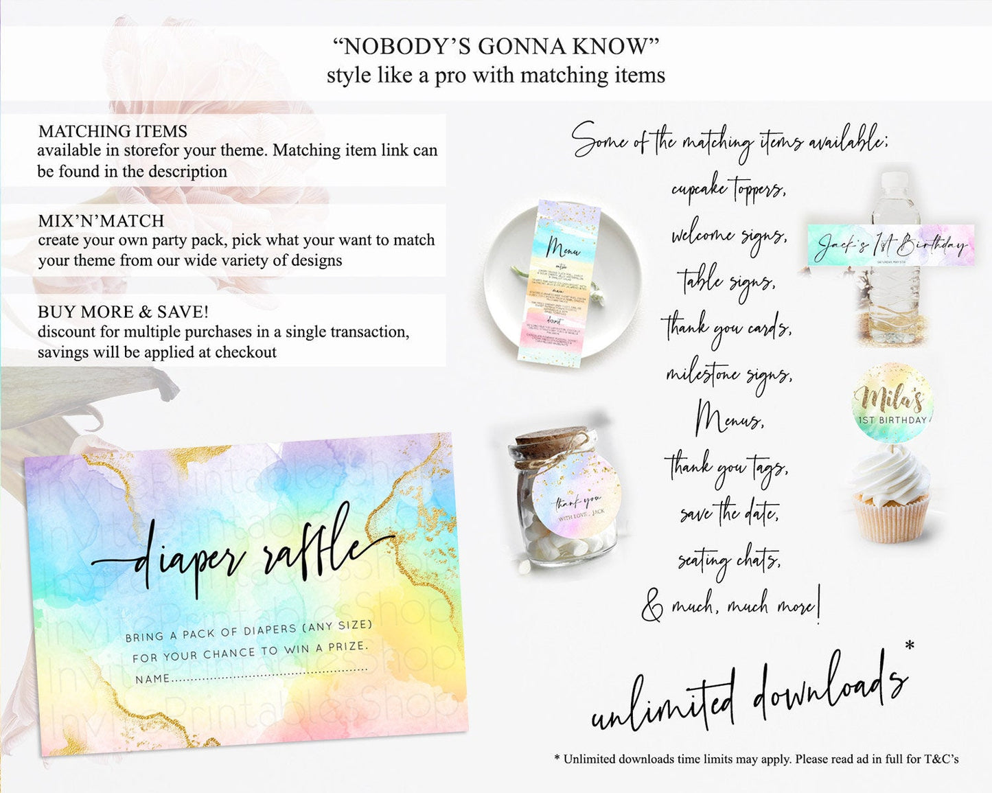 Pastel Diaper Raffle Card Pastel Rainbow Diaper Raffle Insert Colorful Ombre Watercolor Diaper Ticket Confetti Glitter Raffle Game D10588