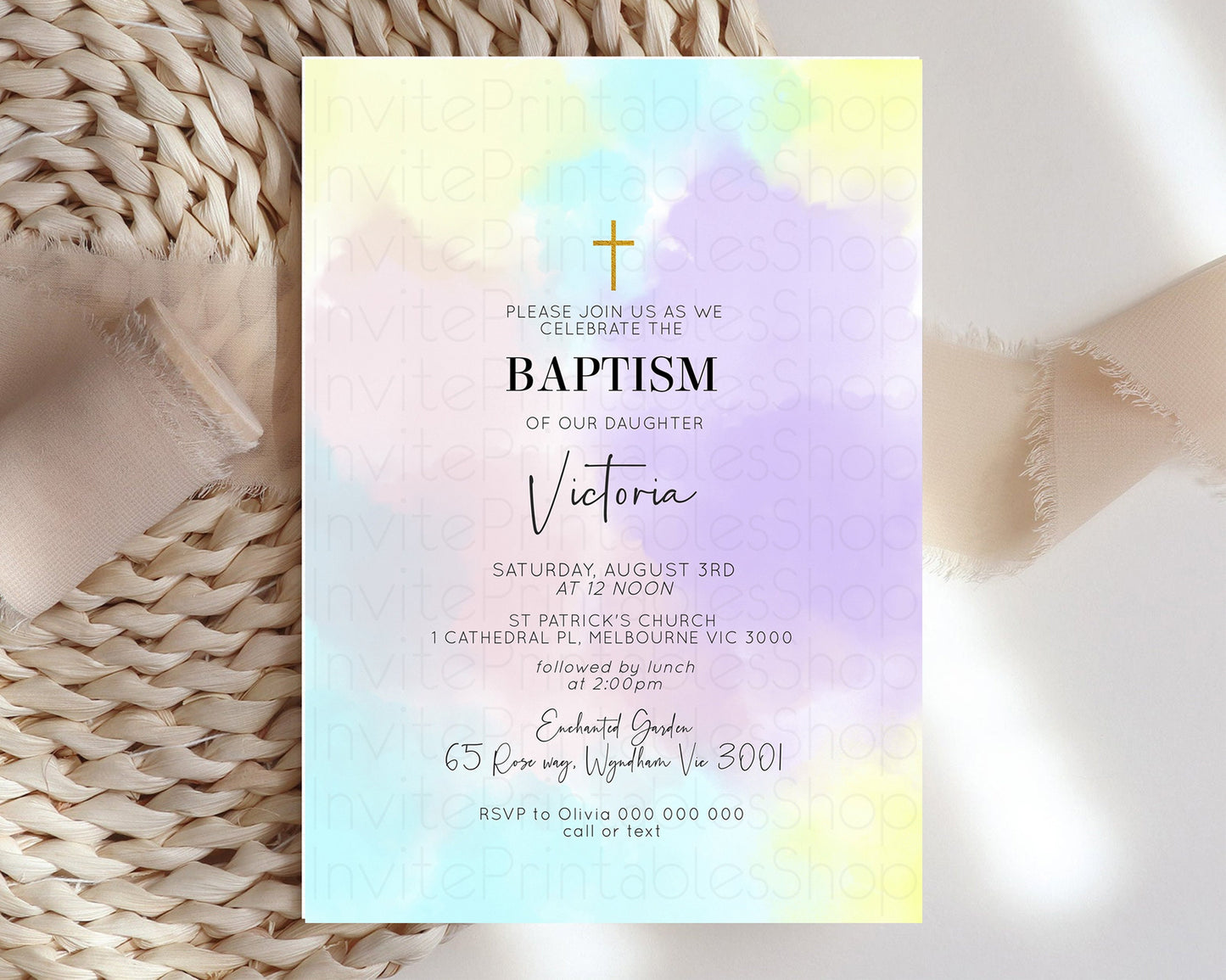 Pastel Baptism Invitation Rainbow Christening Invitation Holy Communion Invite Baptism 1st Birthday Sprinkles Ombre Watercolor Splash 595
