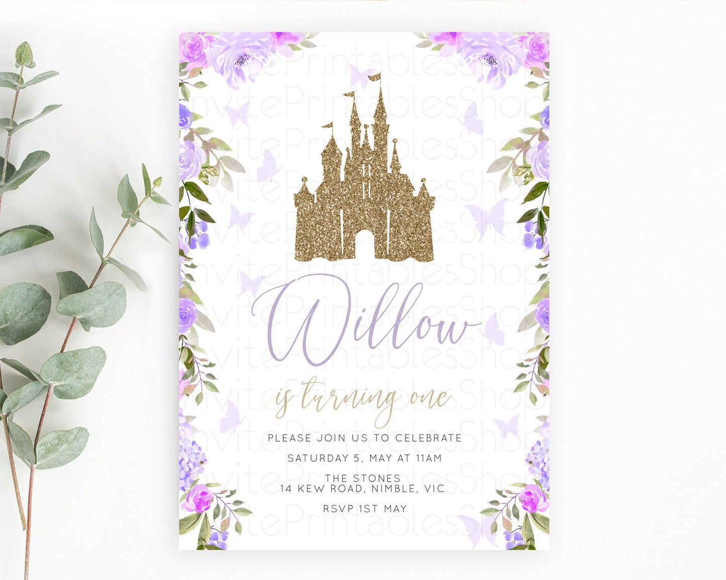 Princess Birthday Invitation Castle Invitation Royal Birthday Fairy Tale Enchanted Castle Pastel Floral Garden 1st First Birthday D10933