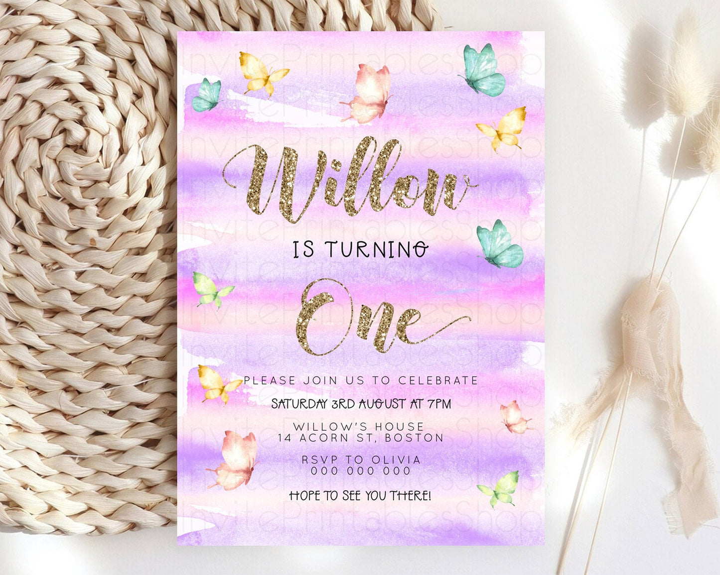 Pastel Butterfly Birthday Invitation Butterfly Birthday Invitation Colorful Splash Glitter Butterfly Garden 1st 2nd Birthday D23219