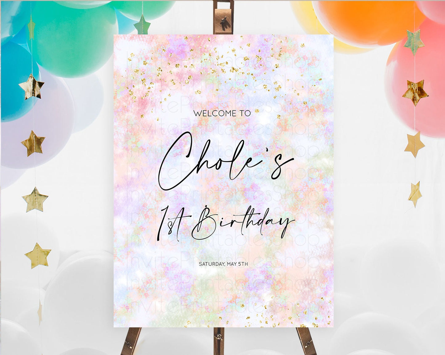 Pastel Welcome Sign Pastel Rainbow Welcome Sign Colorful Rainbow Confetti Watercolor Glitter Pastel First Birthday Welcome Sign D10649