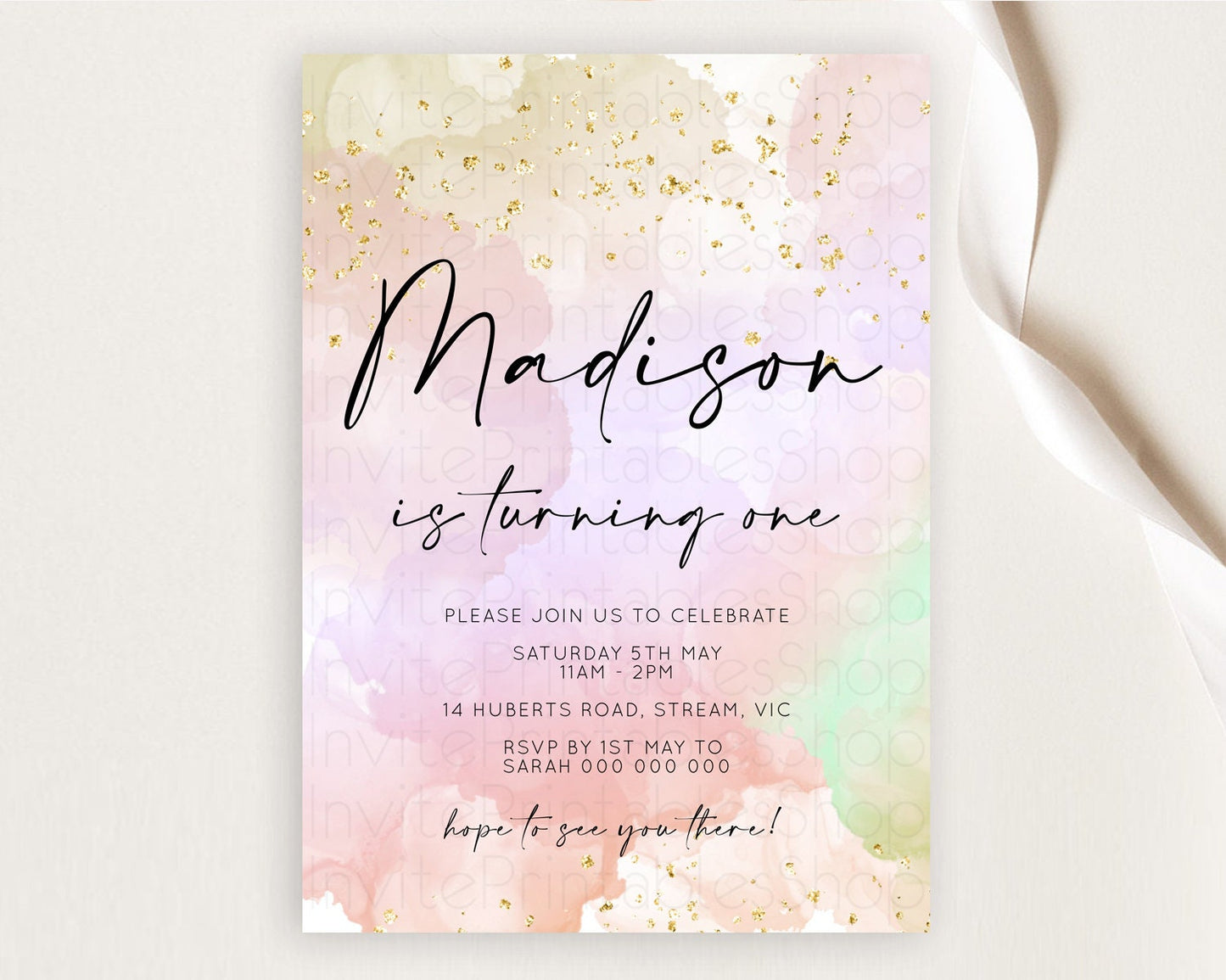 Rainbow Birthday Invitation Colorful Pastel Watercolor Invitation Gold Glitter Sprinkles Ombre Pastel 1st 2nd 3rd Birthday D10627