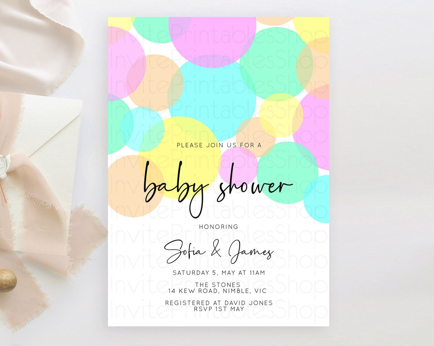 Pastel Rainbow Baby Shower Invitation Pastel Confetti Invitation Sprinkles Bubbles Invitation Colorful Rainbow Confetti Theme D10409