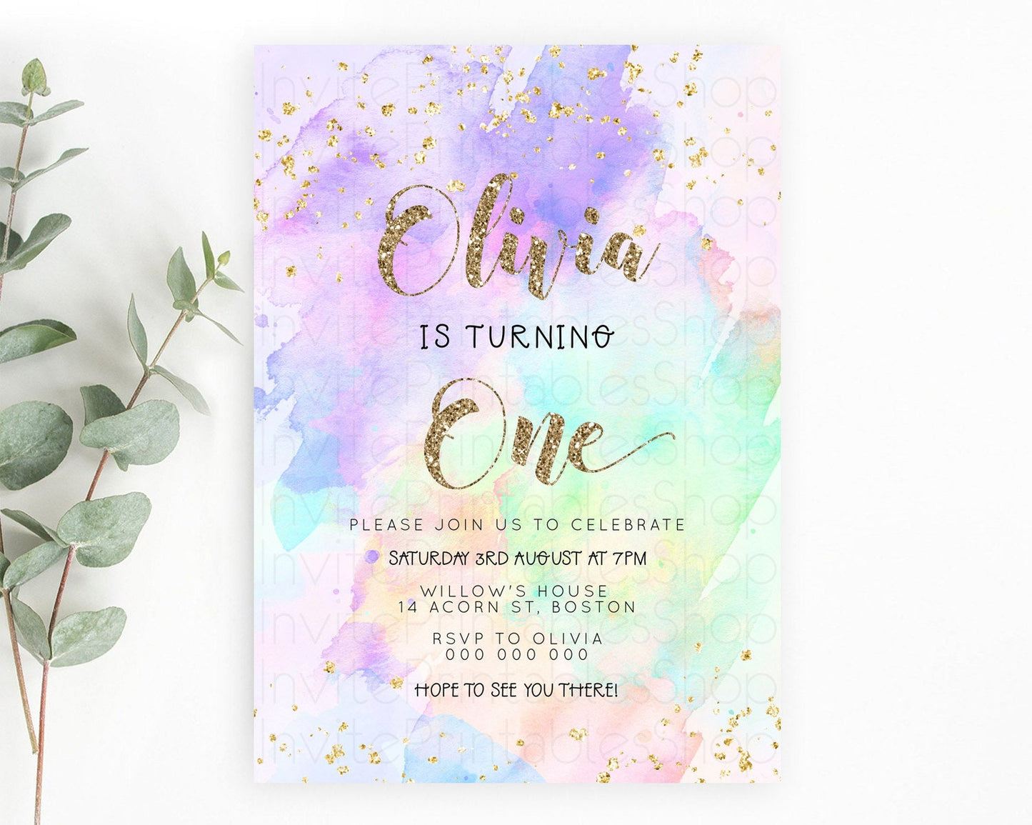 Rainbow Birthday Invitation Colorful Pastel Watercolor Invitation Gold Glitter Sprinkles Ombre Pastel 1st 2nd 3rd Birthday D23297