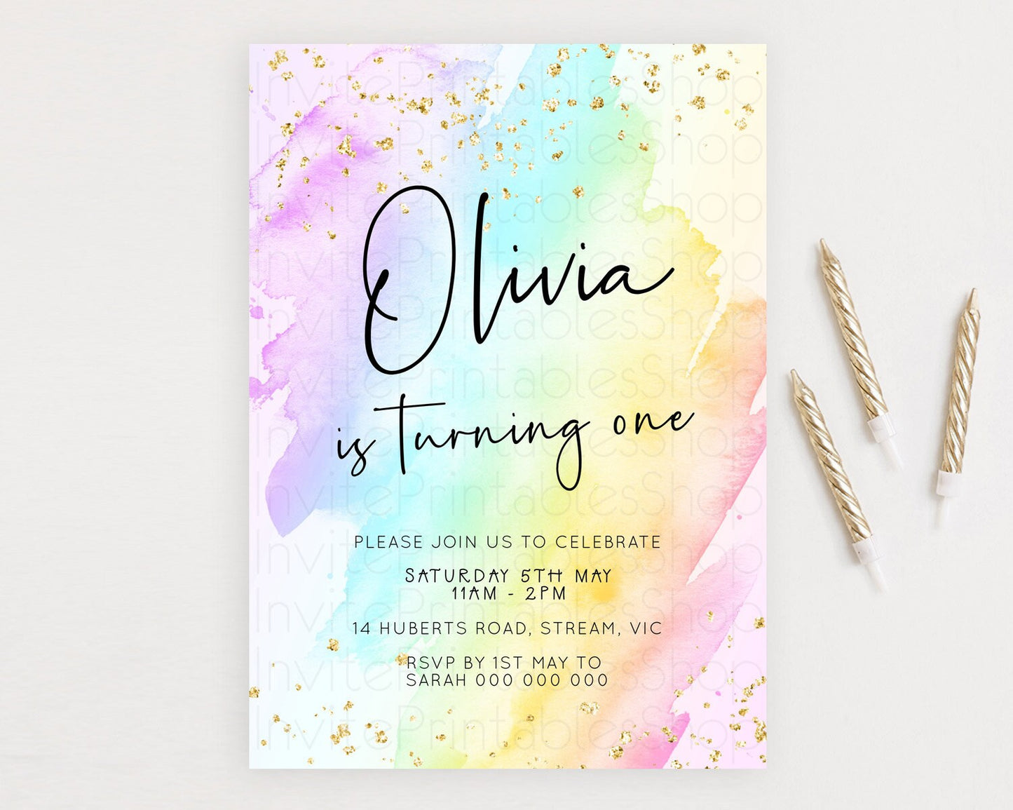 Pastel Birthday Invitation Ombre Watercolor Birthday Invitation Glitter Rainbow Color Splash 1st 2nd 3rd Birthday Invitation D23055