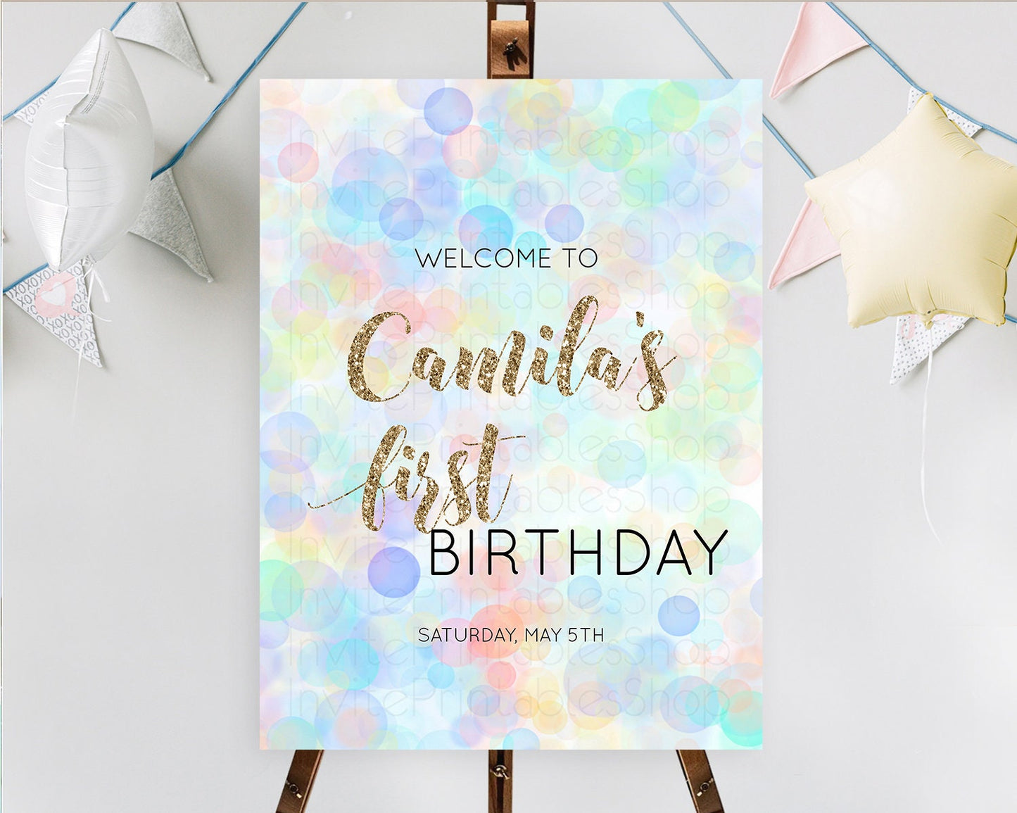 Pastel Welcome Sign Bubble Bath Birthday Party Rainbow Welcome Board Pastel Bubbles Colorful Confetti First Birthday Welcome Sign D10447