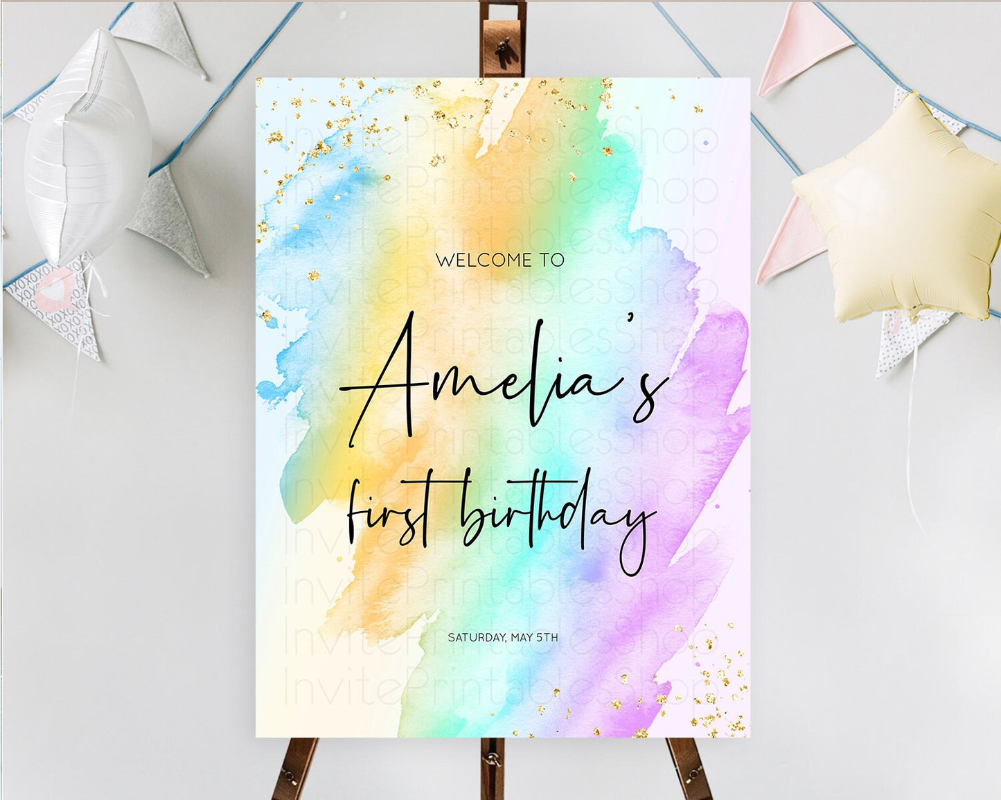 Pastel Welcome Sign Pastel Rainbow Welcome Sign Colorful Rainbow Confetti Watercolor Glitter Pastel First Birthday Welcome Sign D10427