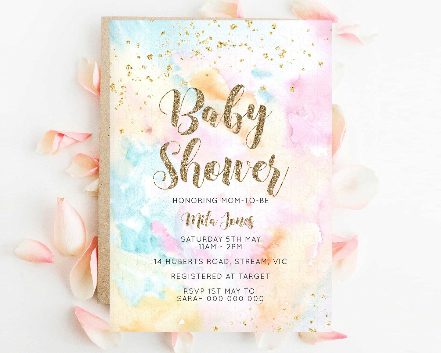 Rainbow Baby Shower Invitation Pastel Watercolor Invitation Colorful Splash Gold Splatter Glitter Foil Sprinkles Confetti Editable G566