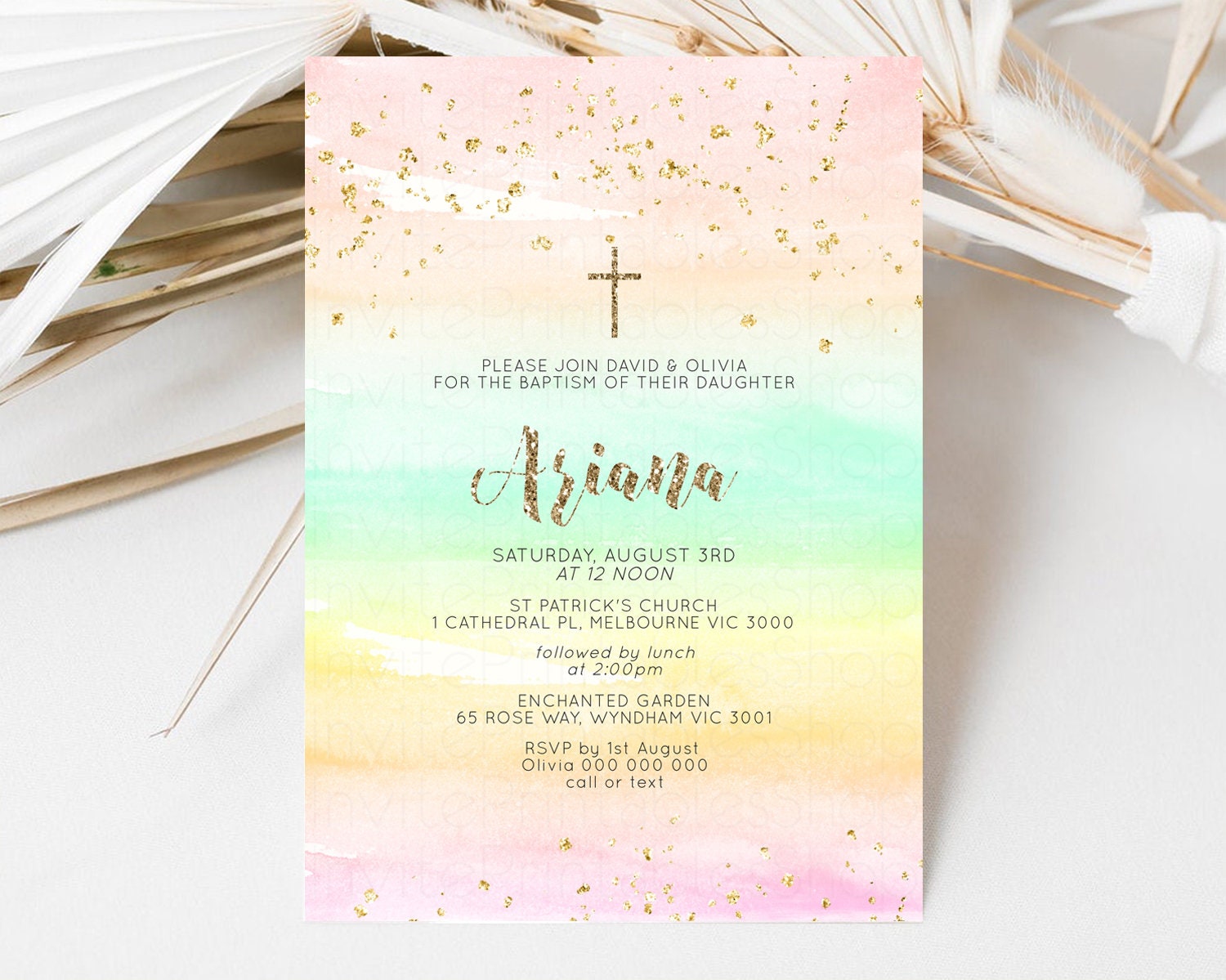 Editable Rainbow Baptism invitation Pastel Orange Christening Invite Ombre W