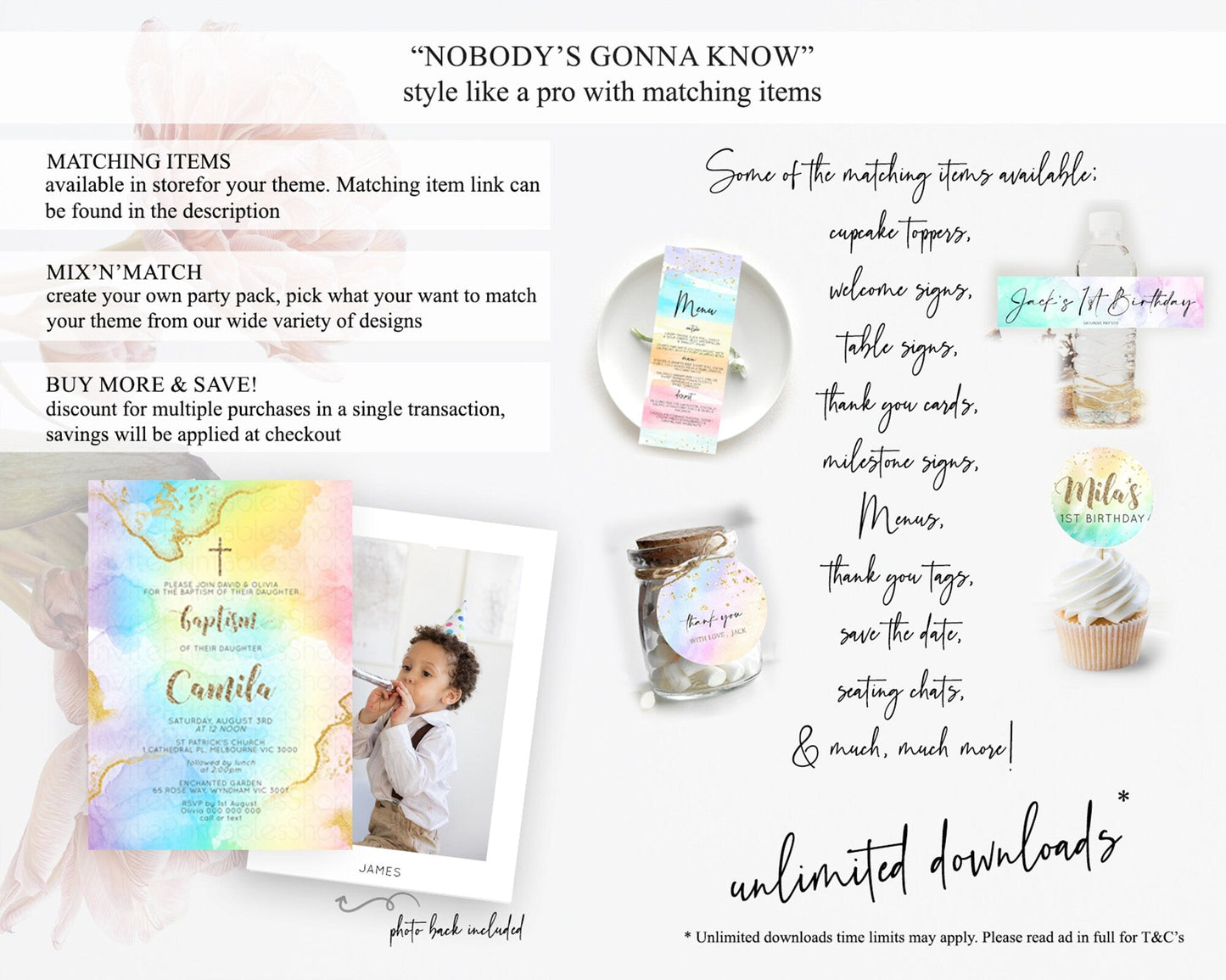 Pastel Baptism Invitation Pastel Colors Watercolor Baptism 1st Birthday Party Gold Ombre Pastel Rainbow Christening Holy Communion D10589