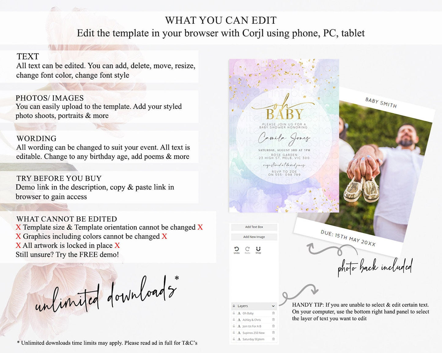 Pastel Rainbow Baby Shower Invitation, Colorful Watercolor with Gold Glitter Sprinkles and Ombre Clouds in Pink, Purple, Soft Green D10624