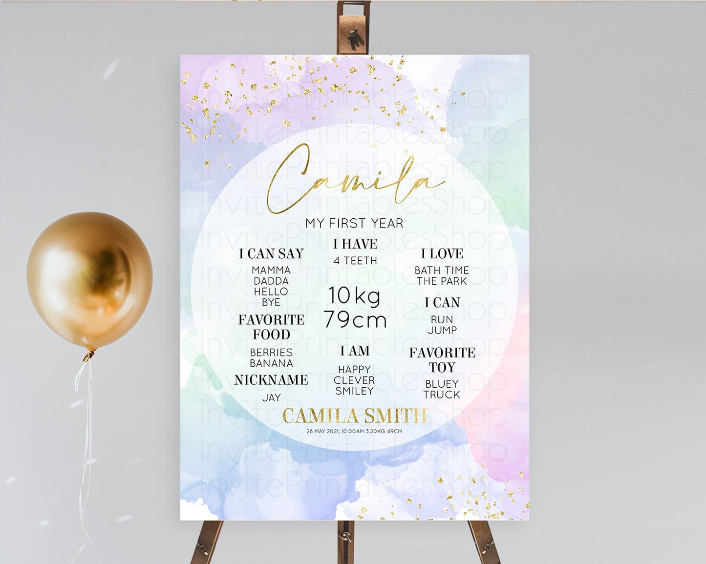 Pastel First Birthday Milestone Board Pastel Rainbow Milestone Poster Colorful Confetti Watercolor Glitter 1st Birthday Welcome Sign D10624
