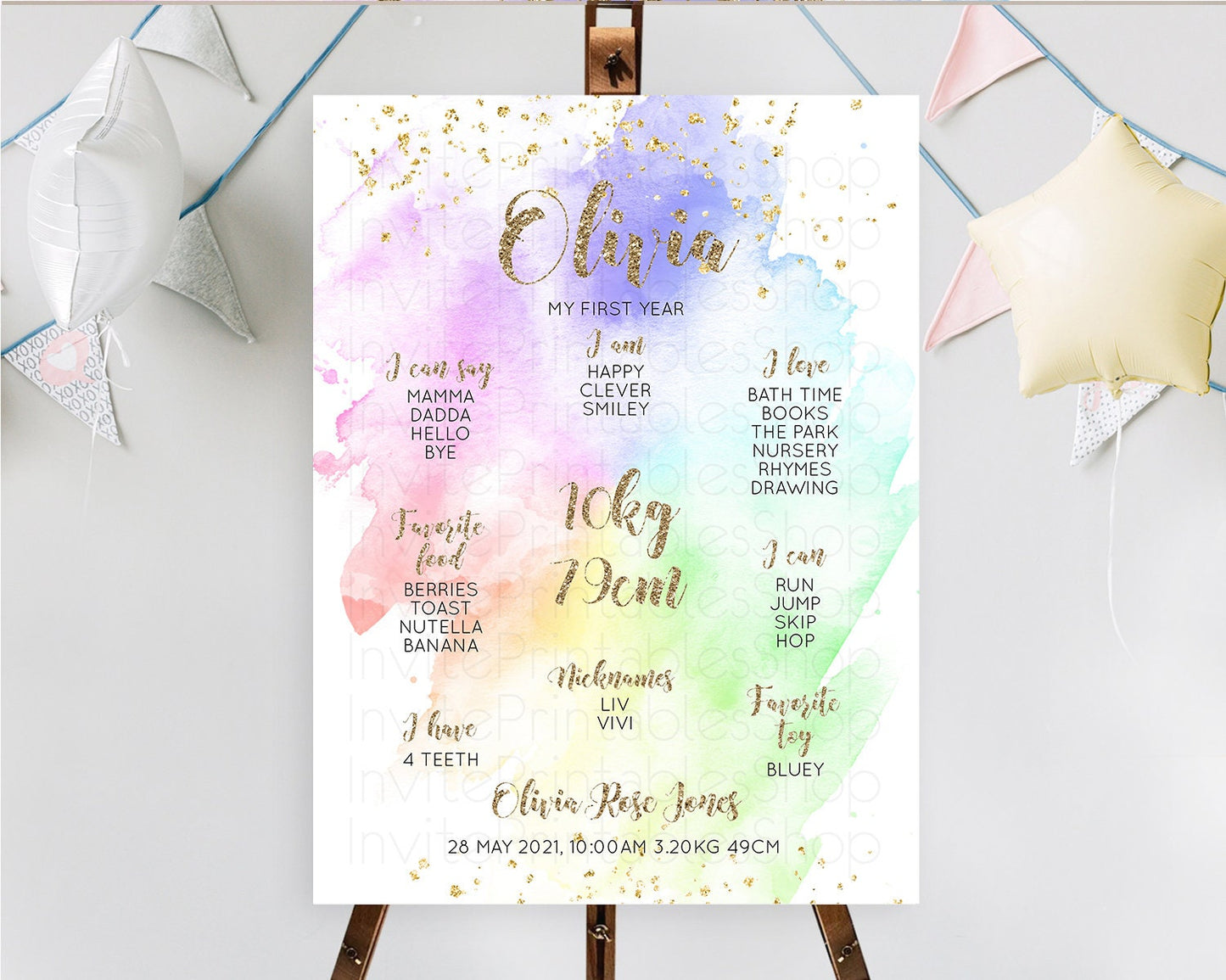 Pastel First Birthday Milestone Board Pastel Rainbow Milestone Poster Colorful Confetti Watercolor Glitter 1st Birthday Welcome Sign D10319