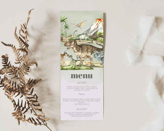 Dinosaur Menu Dinosaur Volcano Menu Template Dinosaur Table Decor Watercolor Volcano T-Rex Raptor Jurassic Dinner Dessert Food Menu D10671