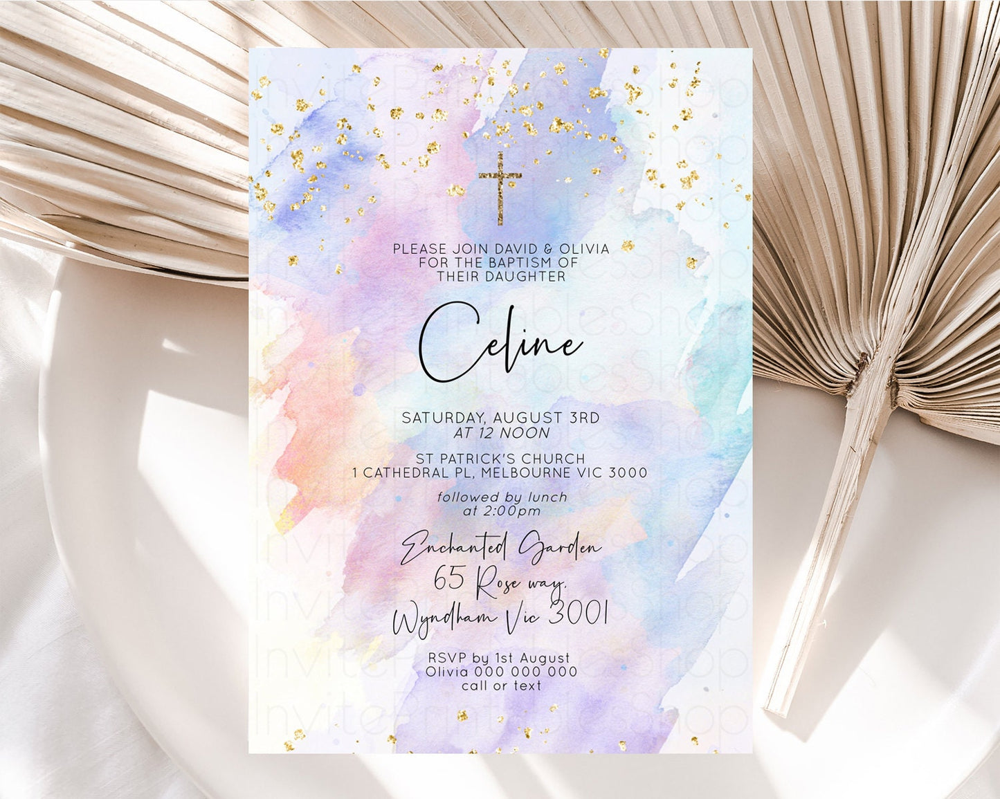 Rainbow Baptism invitation Pastel Rainbow Christening Invite Ombre Watercolor Invite Gold Glitter Sprinkle Splash Cross Religious t576