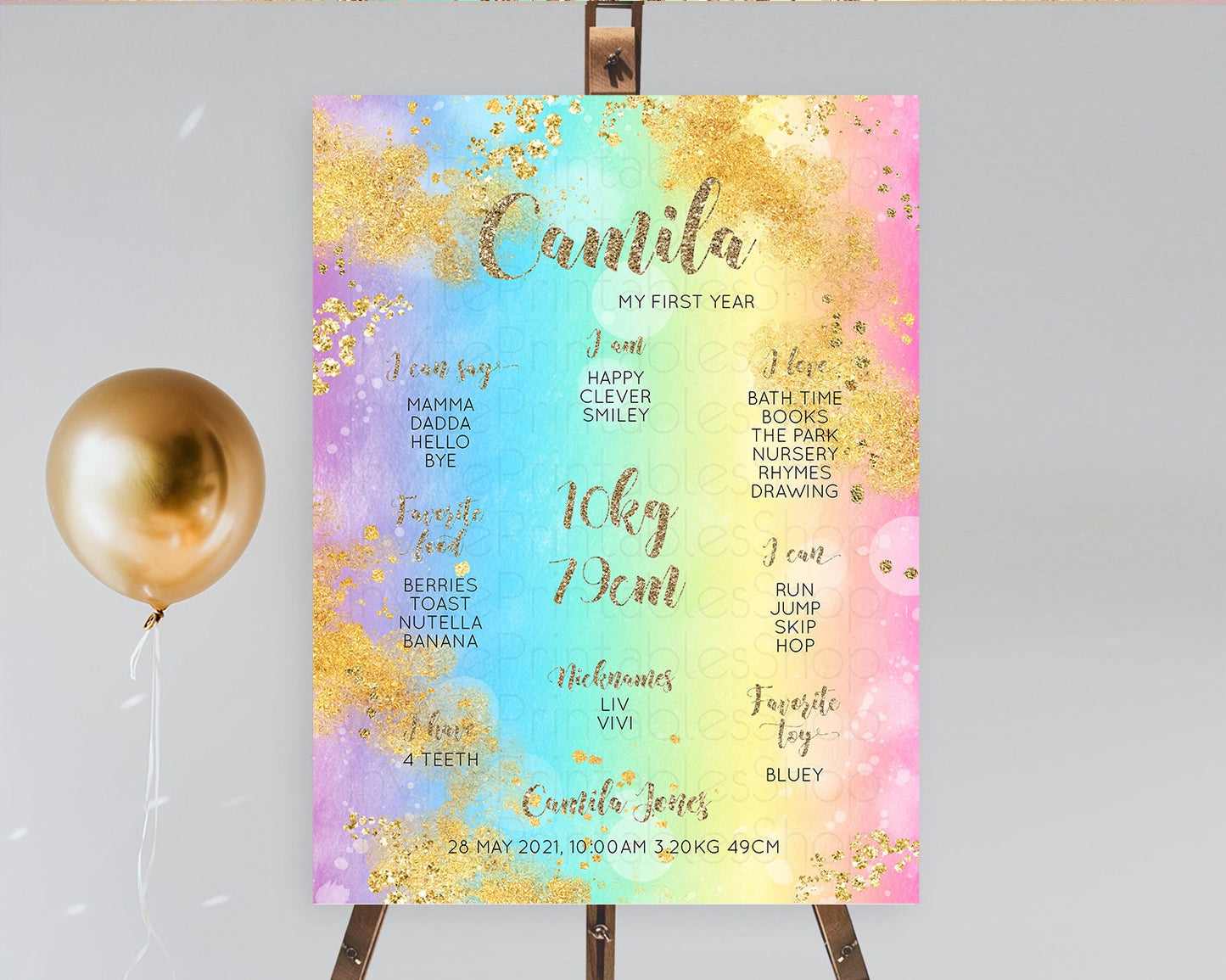 Pastel First Birthday Milestone Board Pastel Rainbow Milestone Poster Colorful Confetti Watercolor Glitter 1st Birthday Welcome Sign D10561
