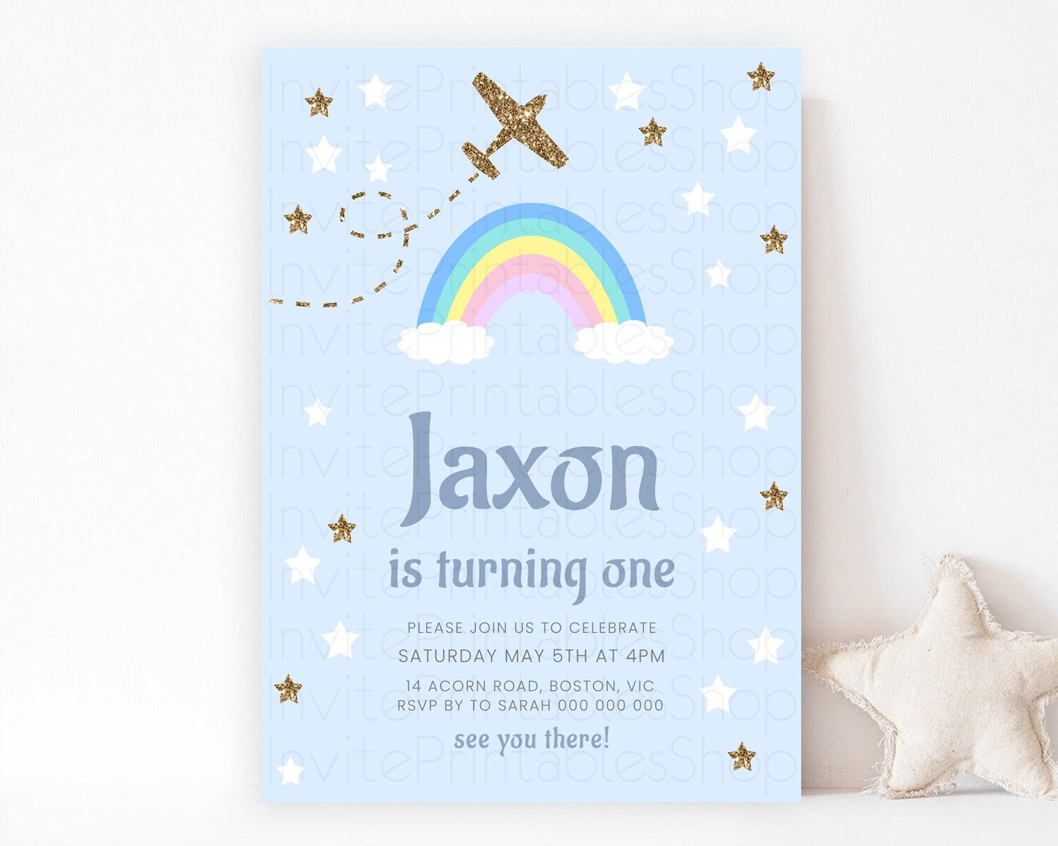 Editable Plane Birthday Invitation Plane Invite Pastel Rainbow Clouds Stars