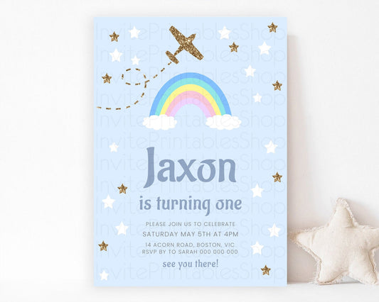 Editable Plane Birthday Invitation Plane Invite Pastel Rainbow Clouds Stars