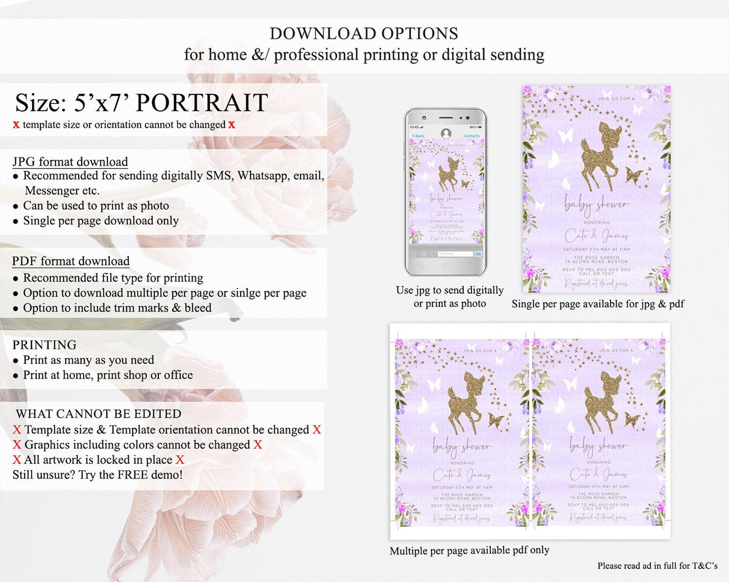 Fawn Baby Shower Invitation Deer Baby Shower Invites Enchanted Forest Theme Butterfly Pastel Flowers Whimsical Baby Shower D10963